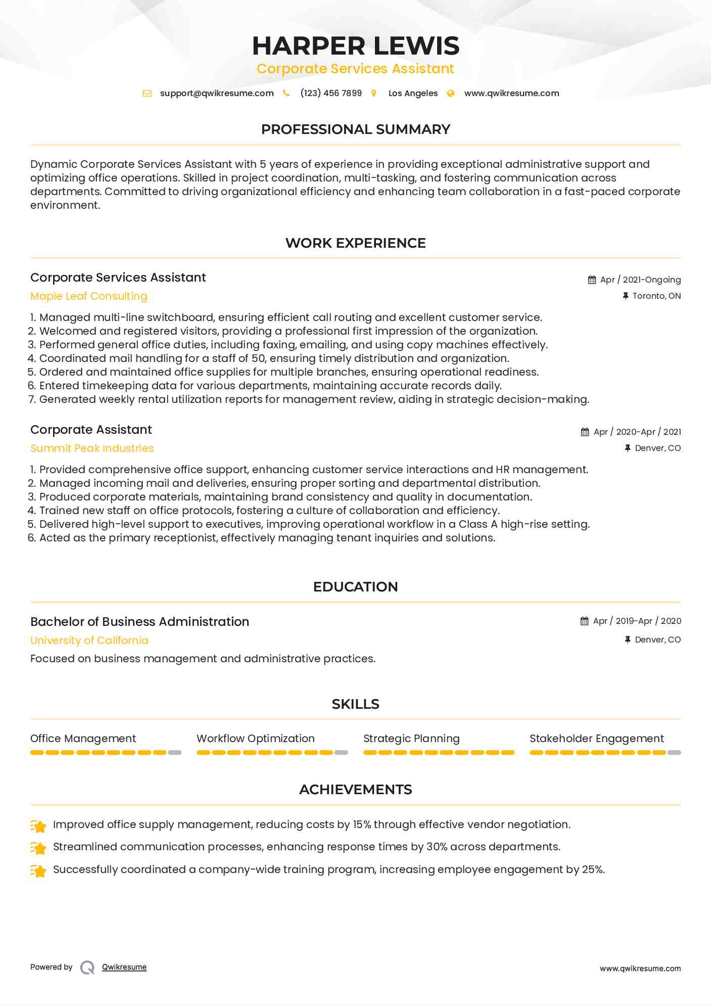 Corporate Services Assistant

 Resume Example