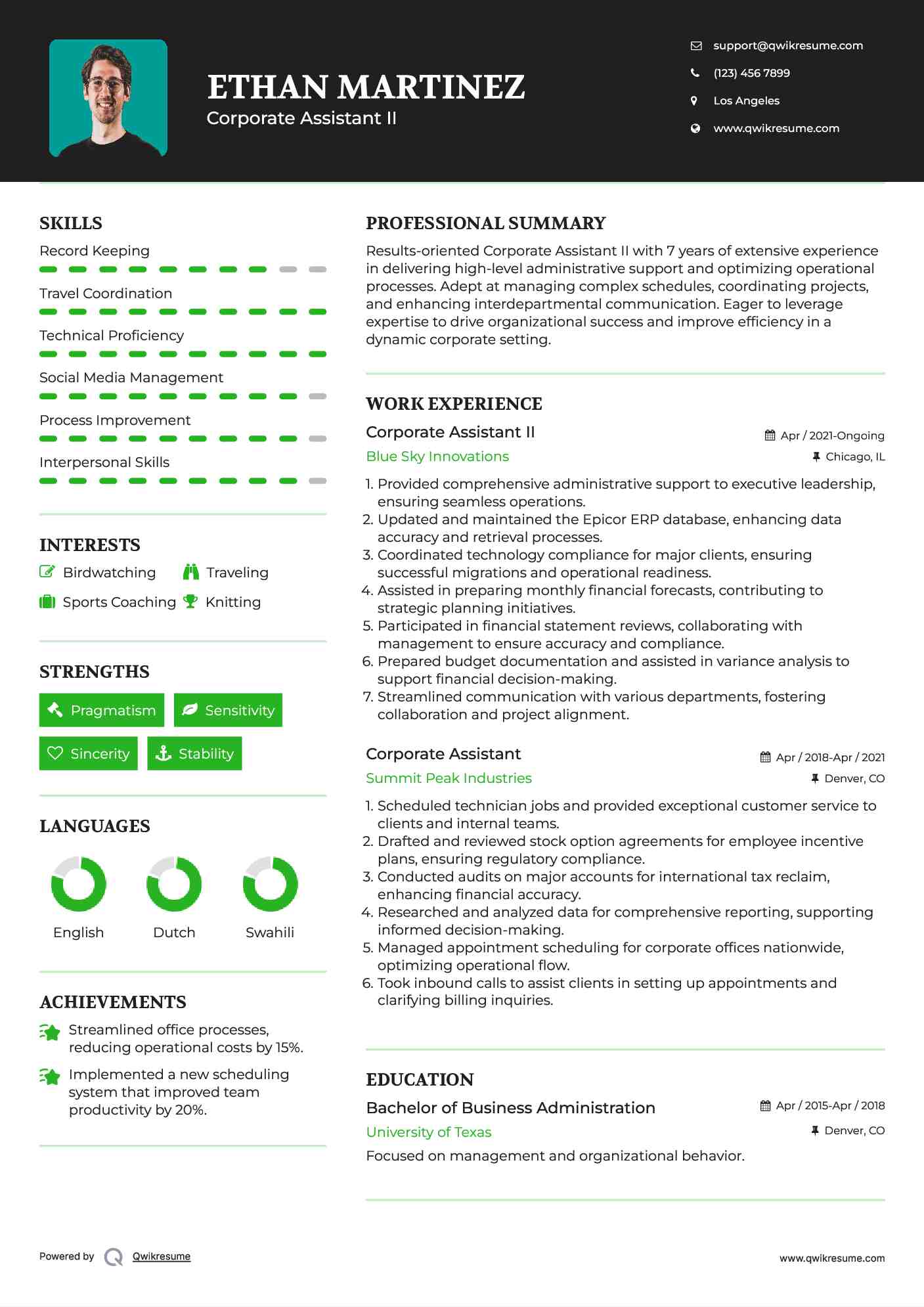 Corporate Assistant II Resume Template