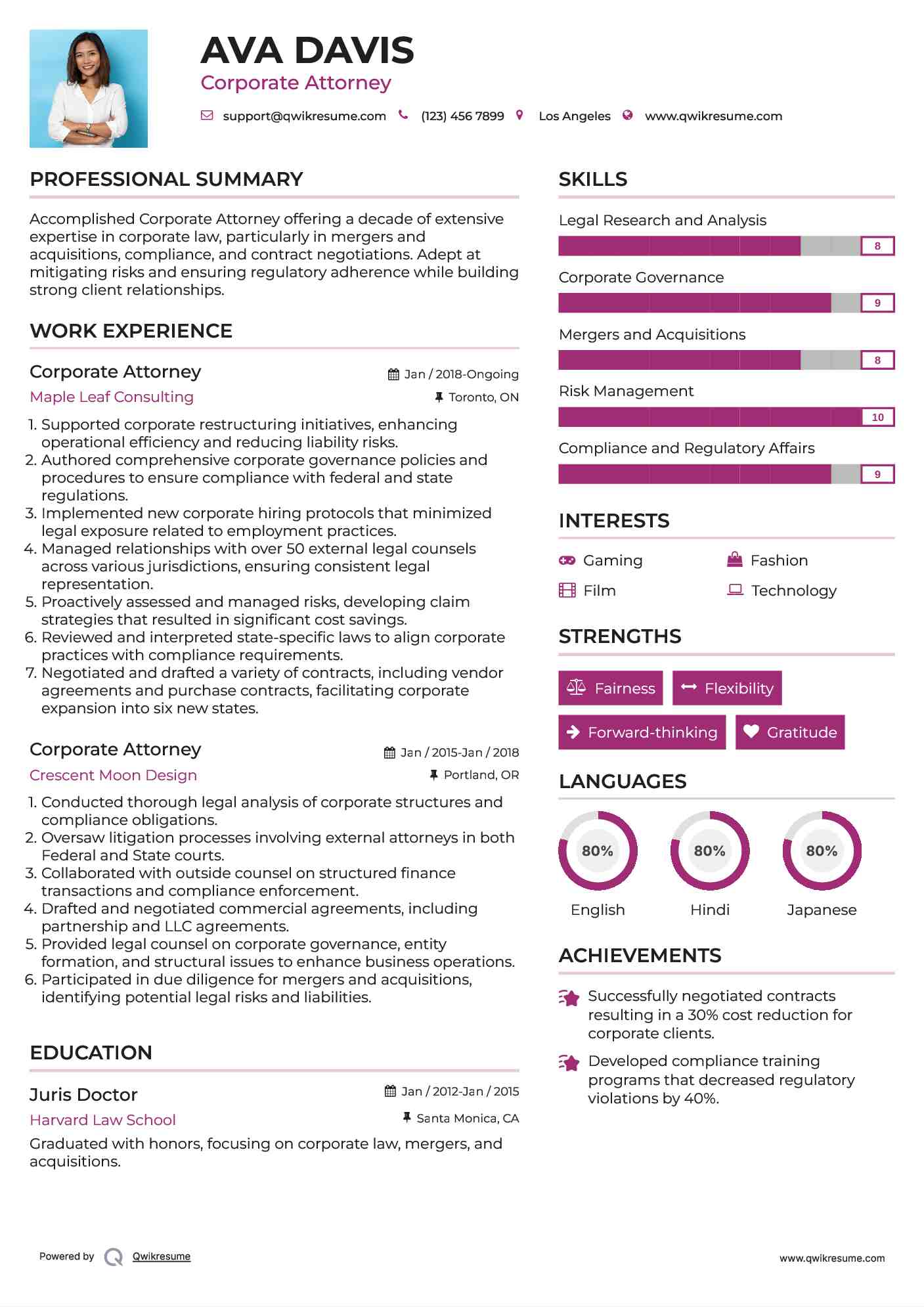 Corporate Attorney Resume Sample