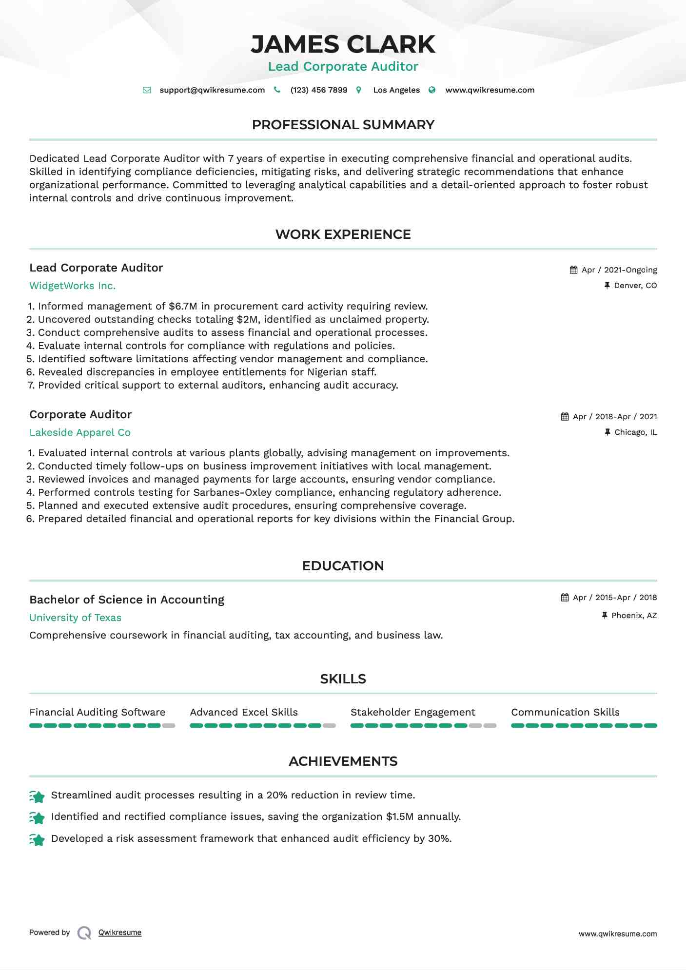 Lead Corporate Auditor Resume Format