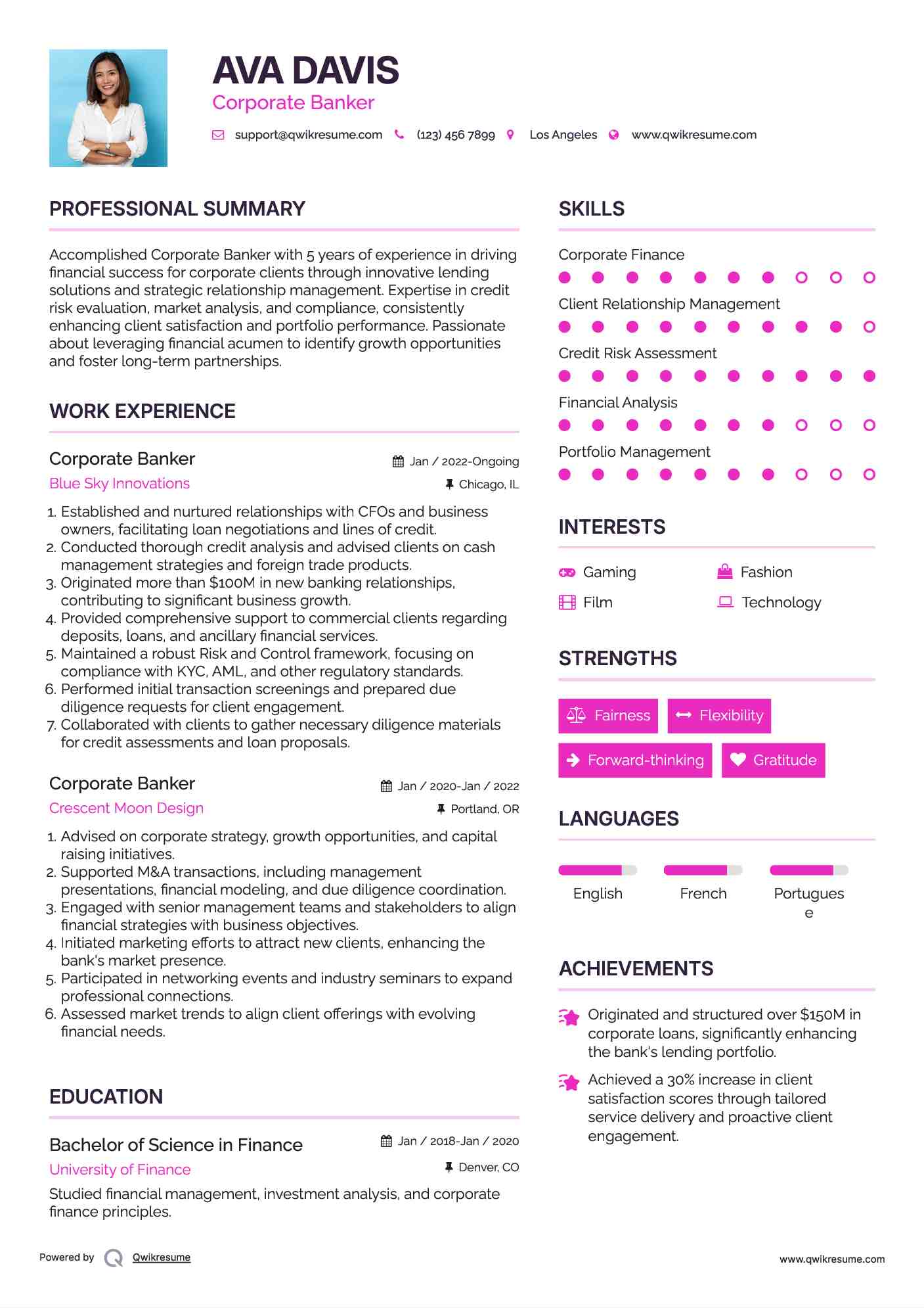 Corporate Banker Resume Example