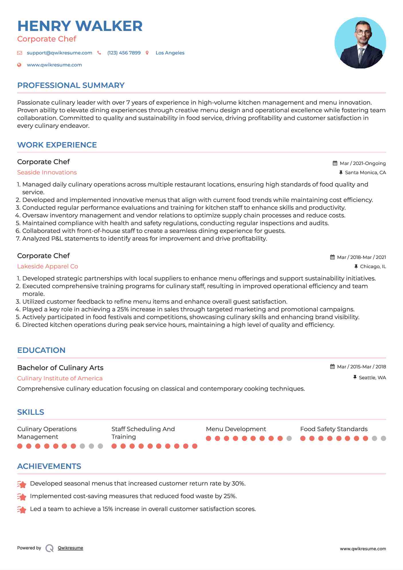 Corporate Chef Resume Template