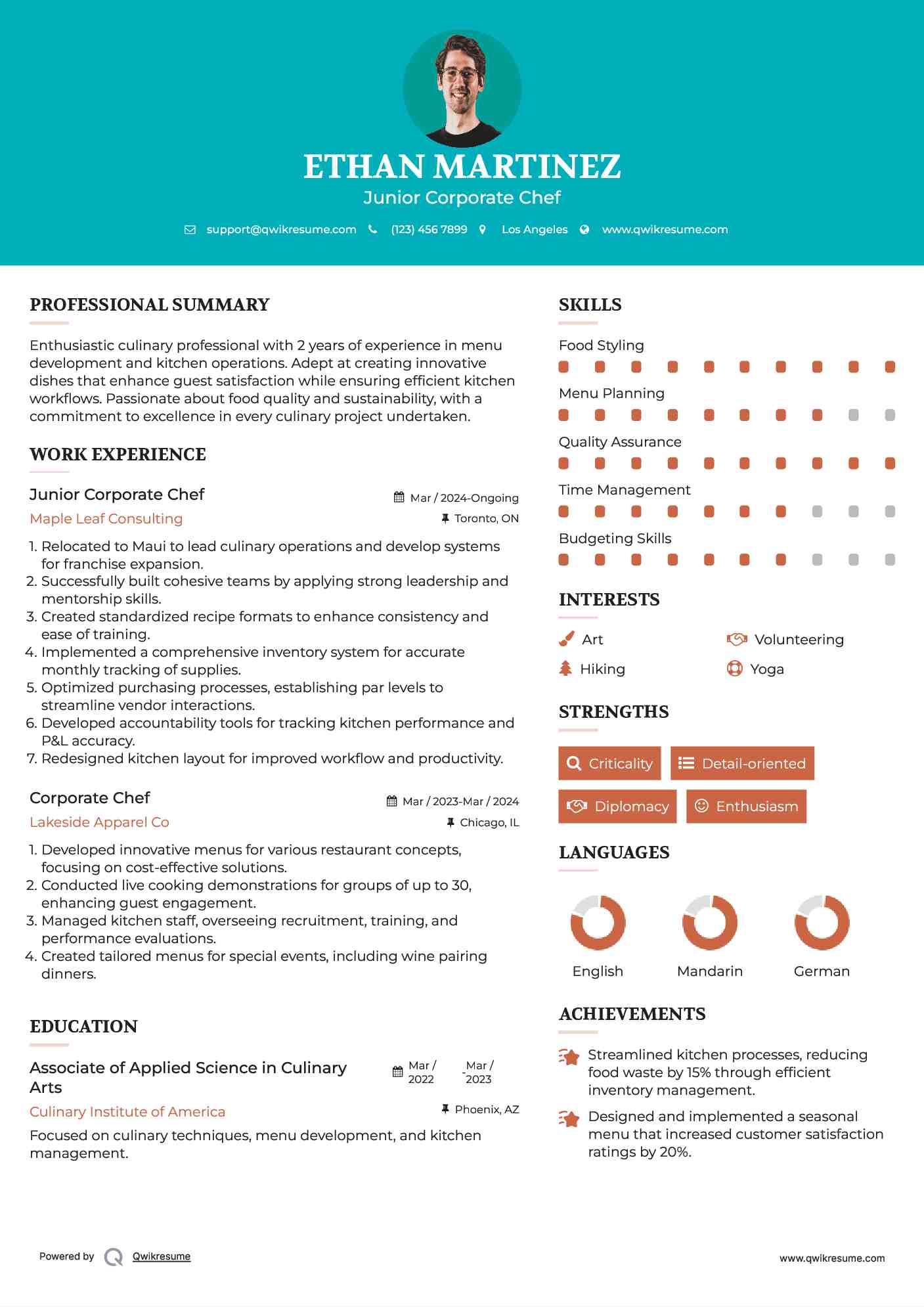 Junior Corporate Chef Resume Model