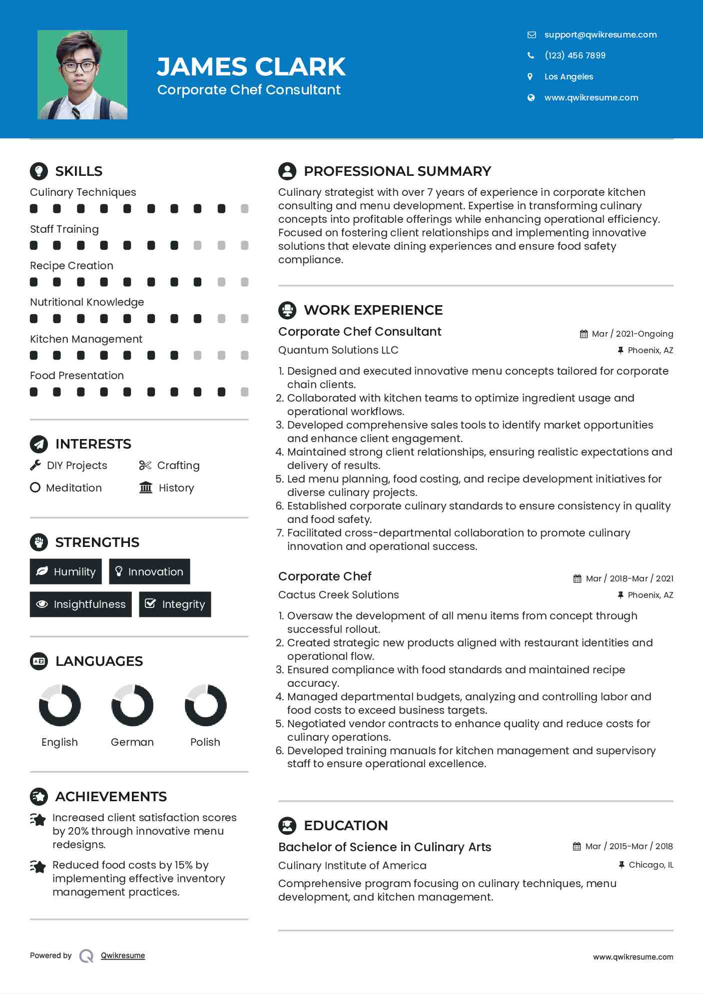 Corporate Chef Consultant Resume Example