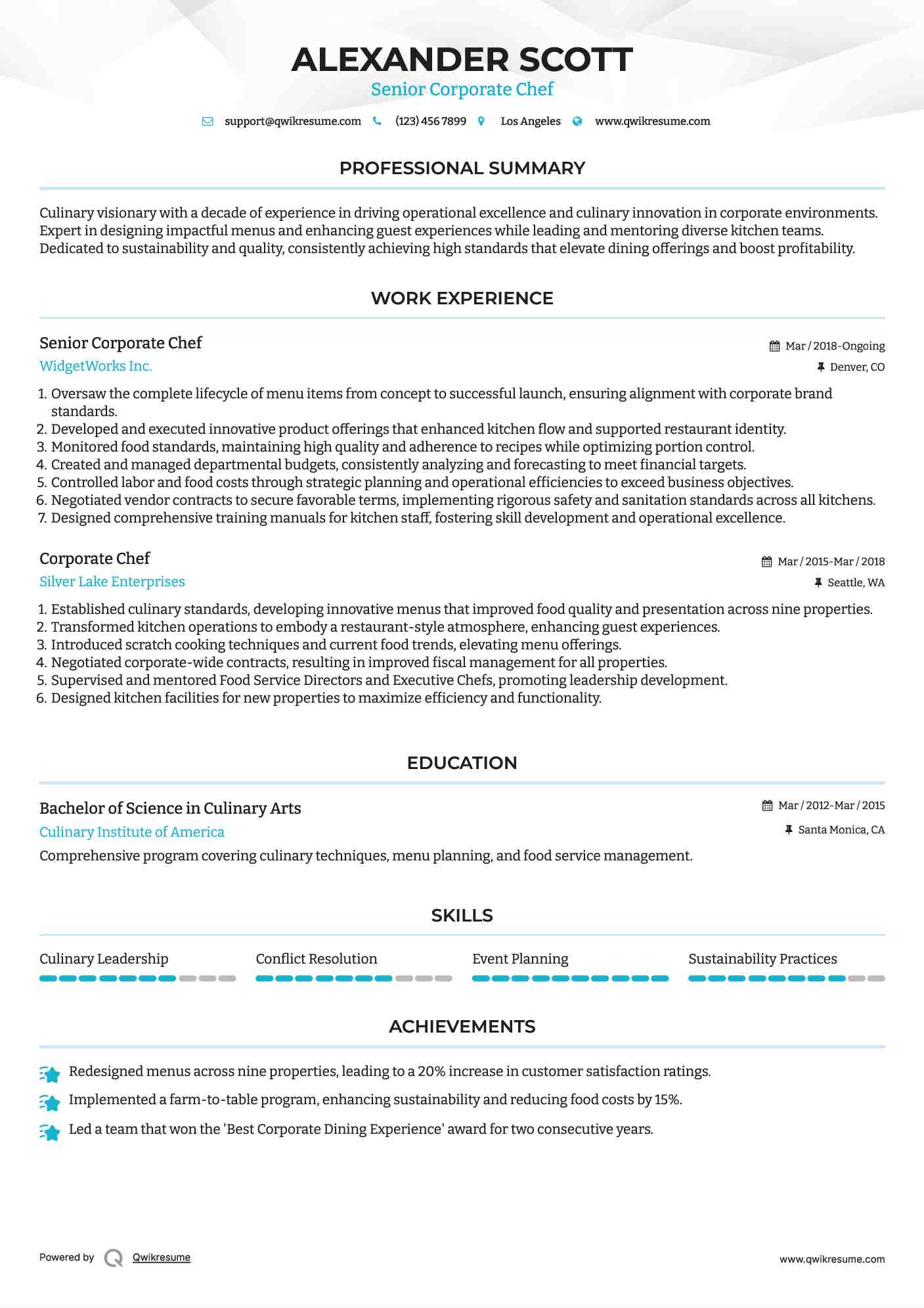 Senior Corporate Chef Resume Example
