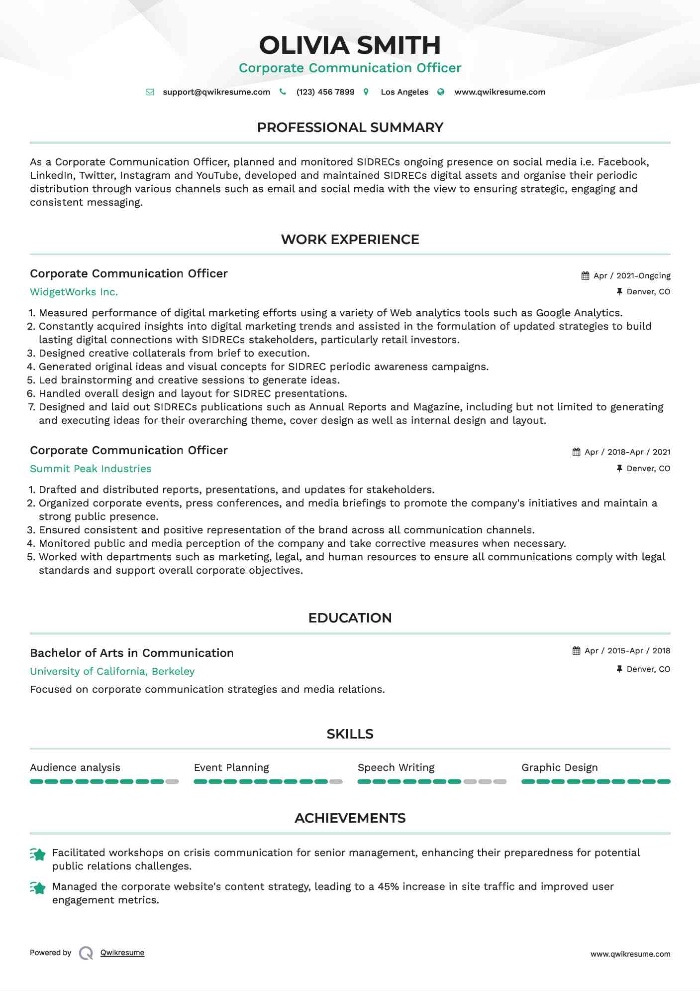 Corporate Communication Officer Resume Example