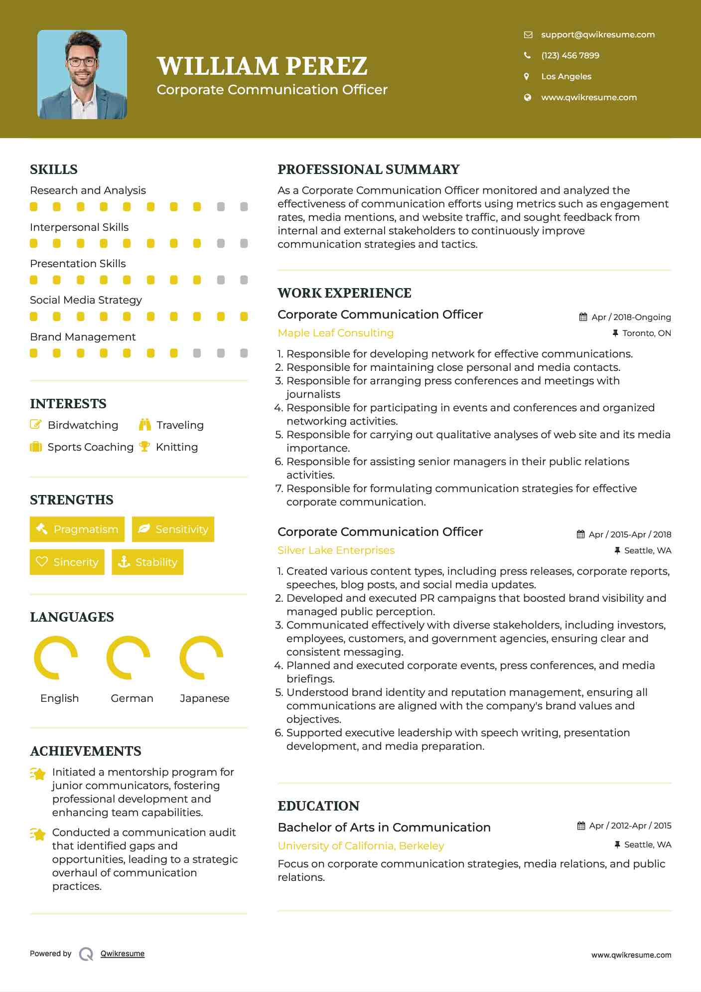 Corporate Communication Officer Resume Sample
