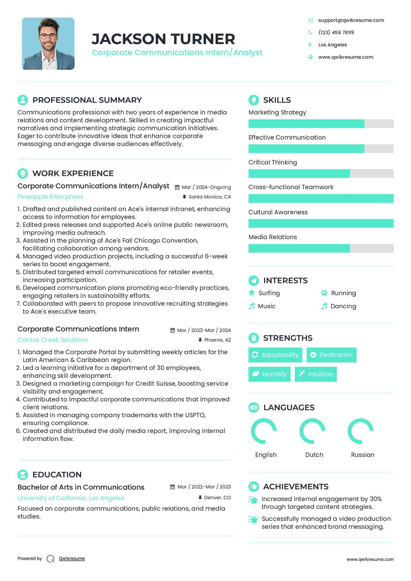 Corporate Communications Intern/Analyst Resume Template