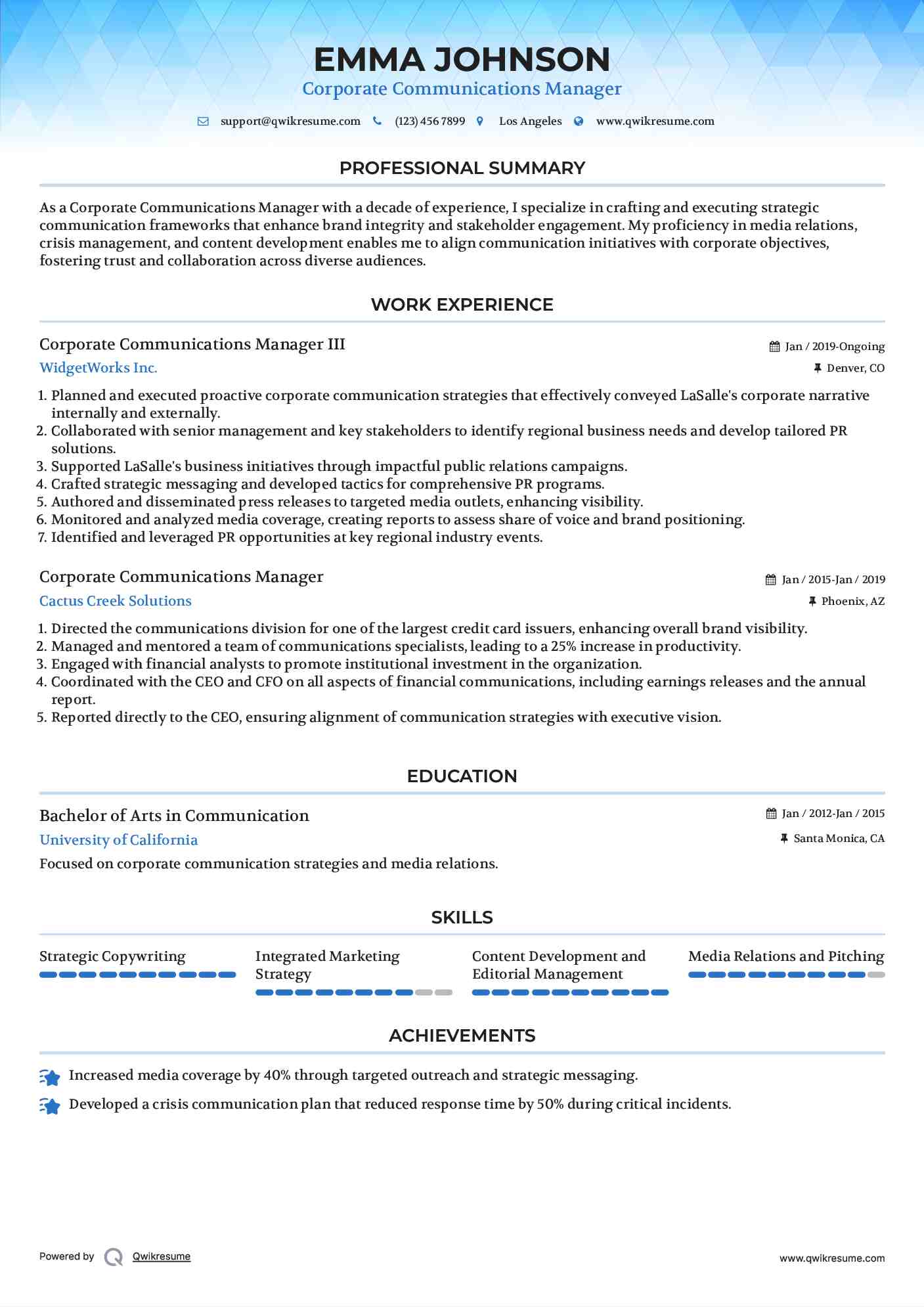 Corporate Communications Manager III Resume Model