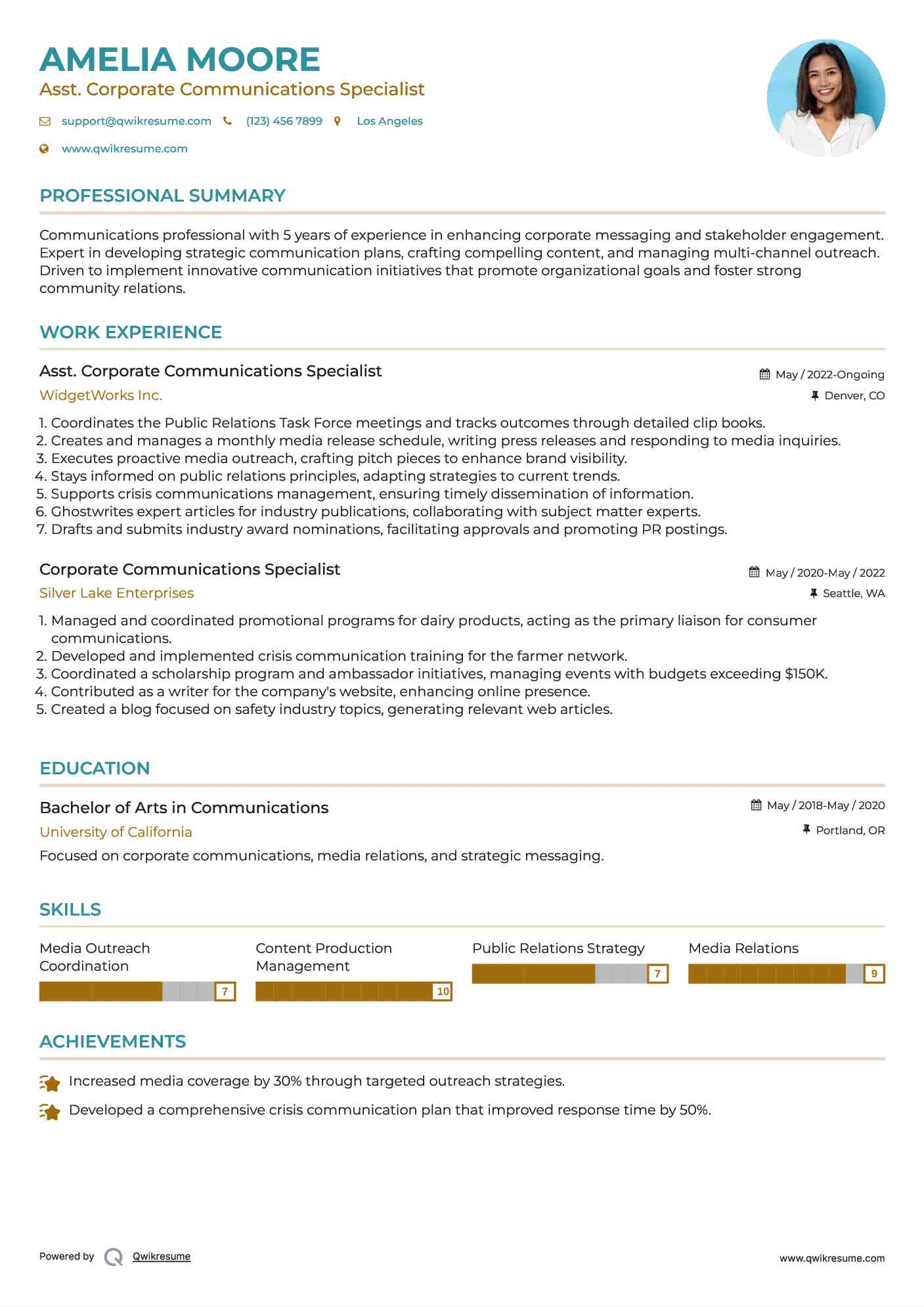 Asst. Corporate Communications Specialist Resume Model