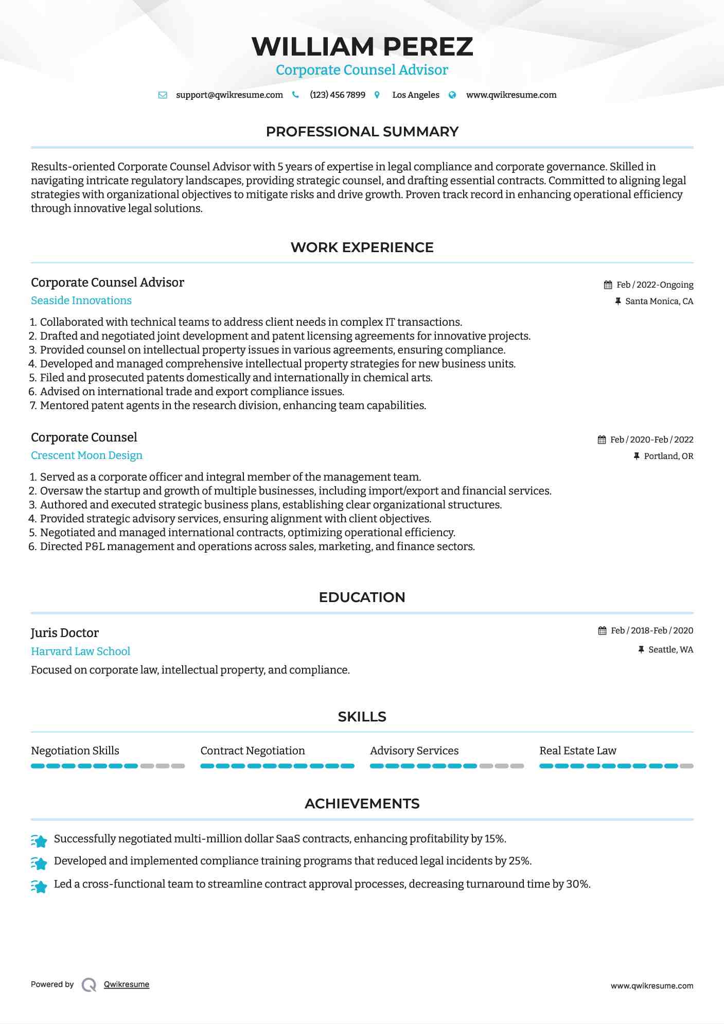Corporate Counsel Advisor Resume Sample