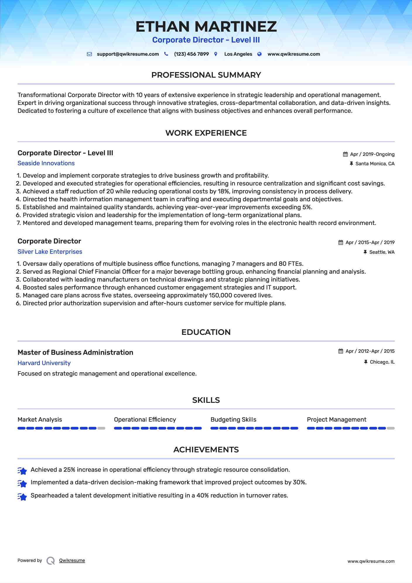 Corporate Director - Level III Resume Sample