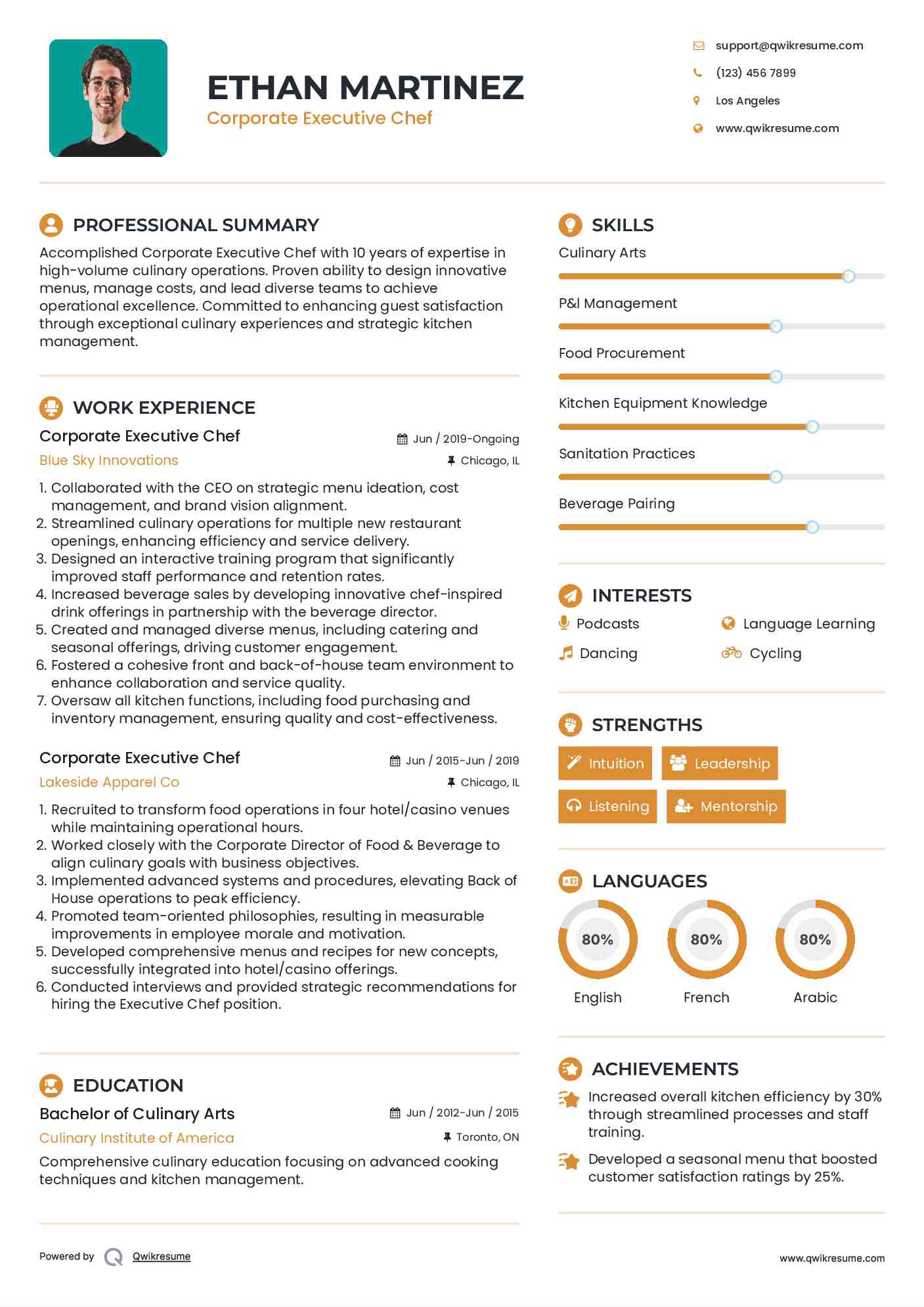 Corporate Executive Chef Resume Example