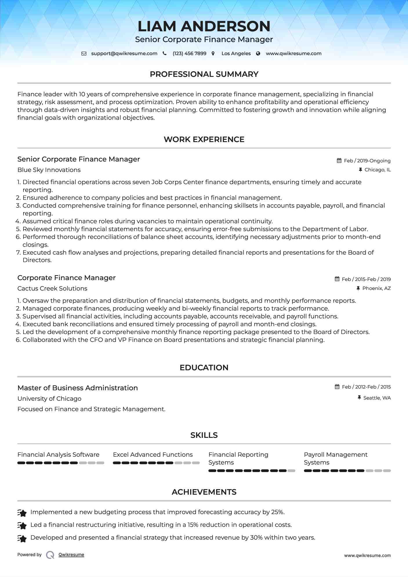 Senior Corporate Finance Manager Resume Template