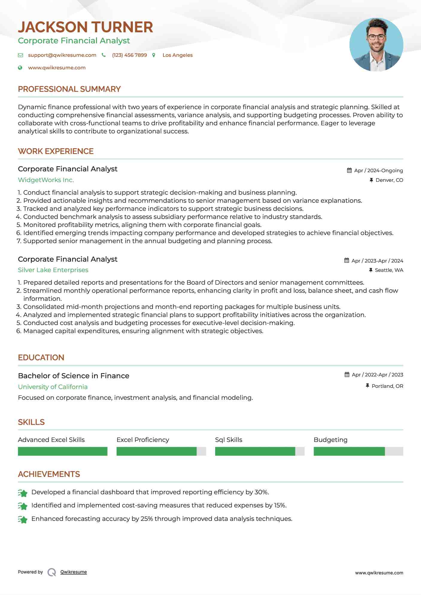 Corporate Financial Analyst Resume Example