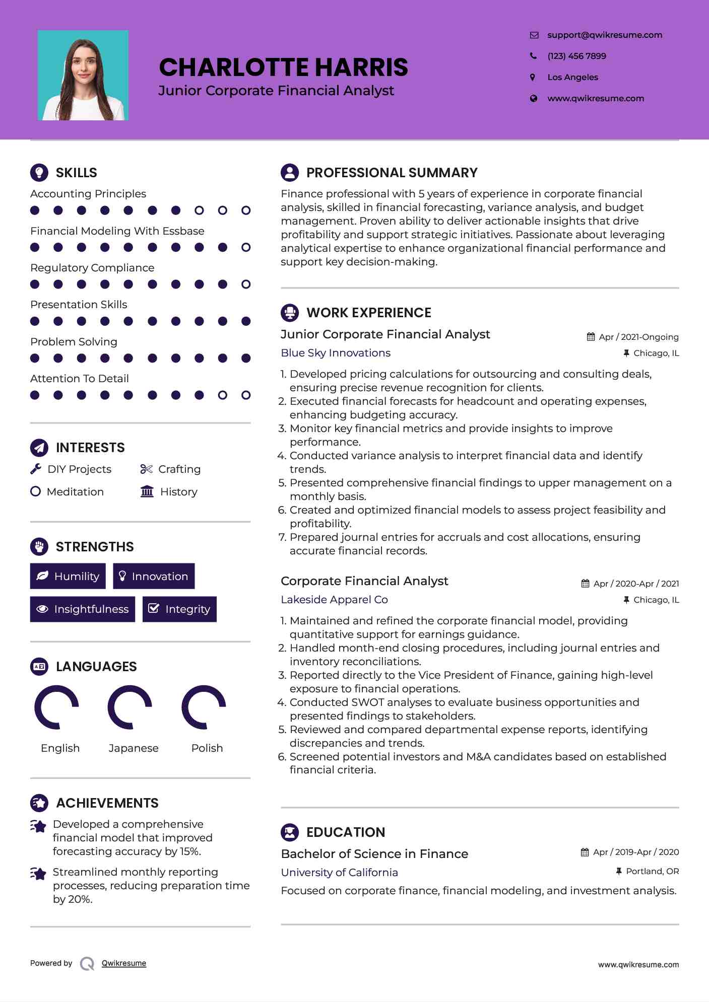 Junior Corporate Financial Analyst  Resume Sample