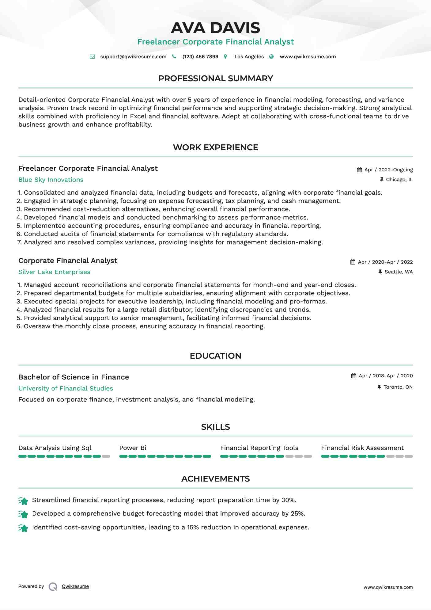  Freelancer Corporate Financial Analyst Resume Sample