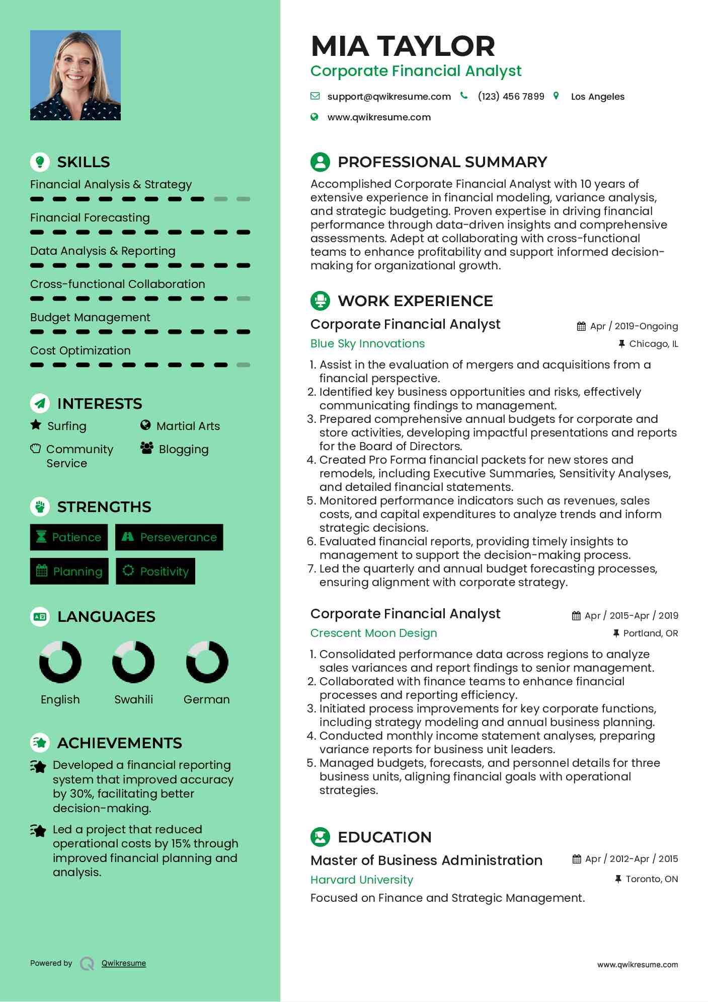 Corporate Financial Analyst Resume Model