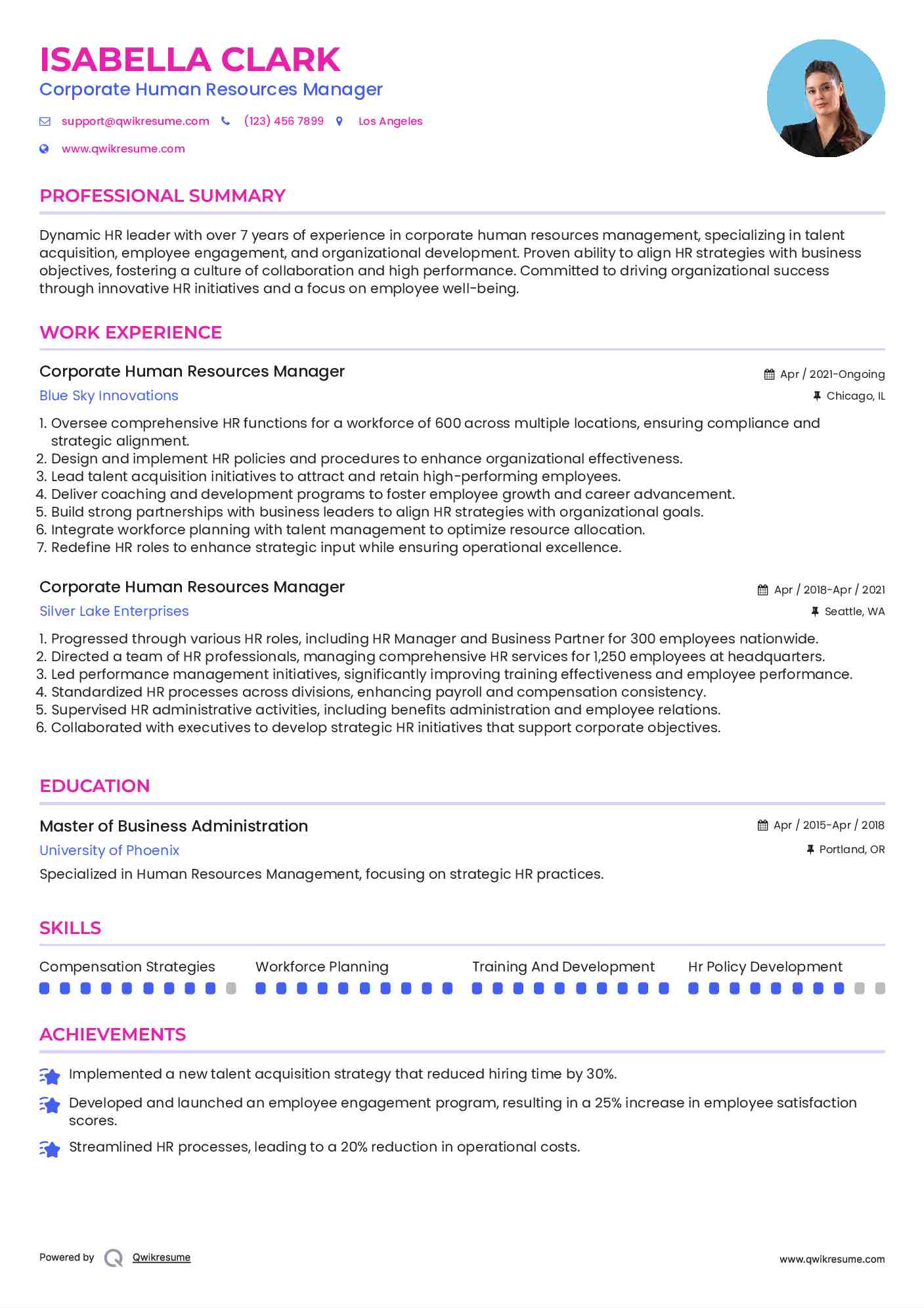 Corporate Human Resources Manager Resume Template
