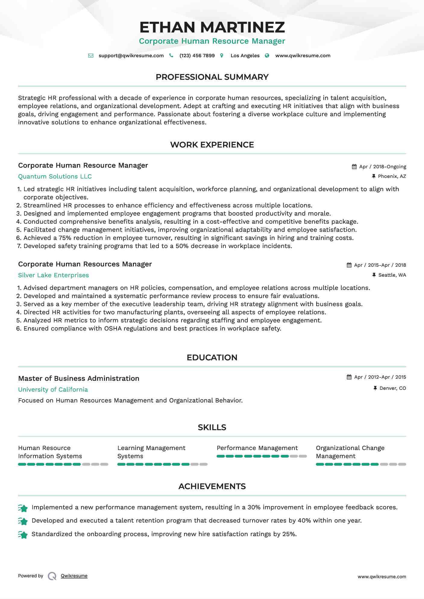 Corporate Human Resource Manager Resume Example