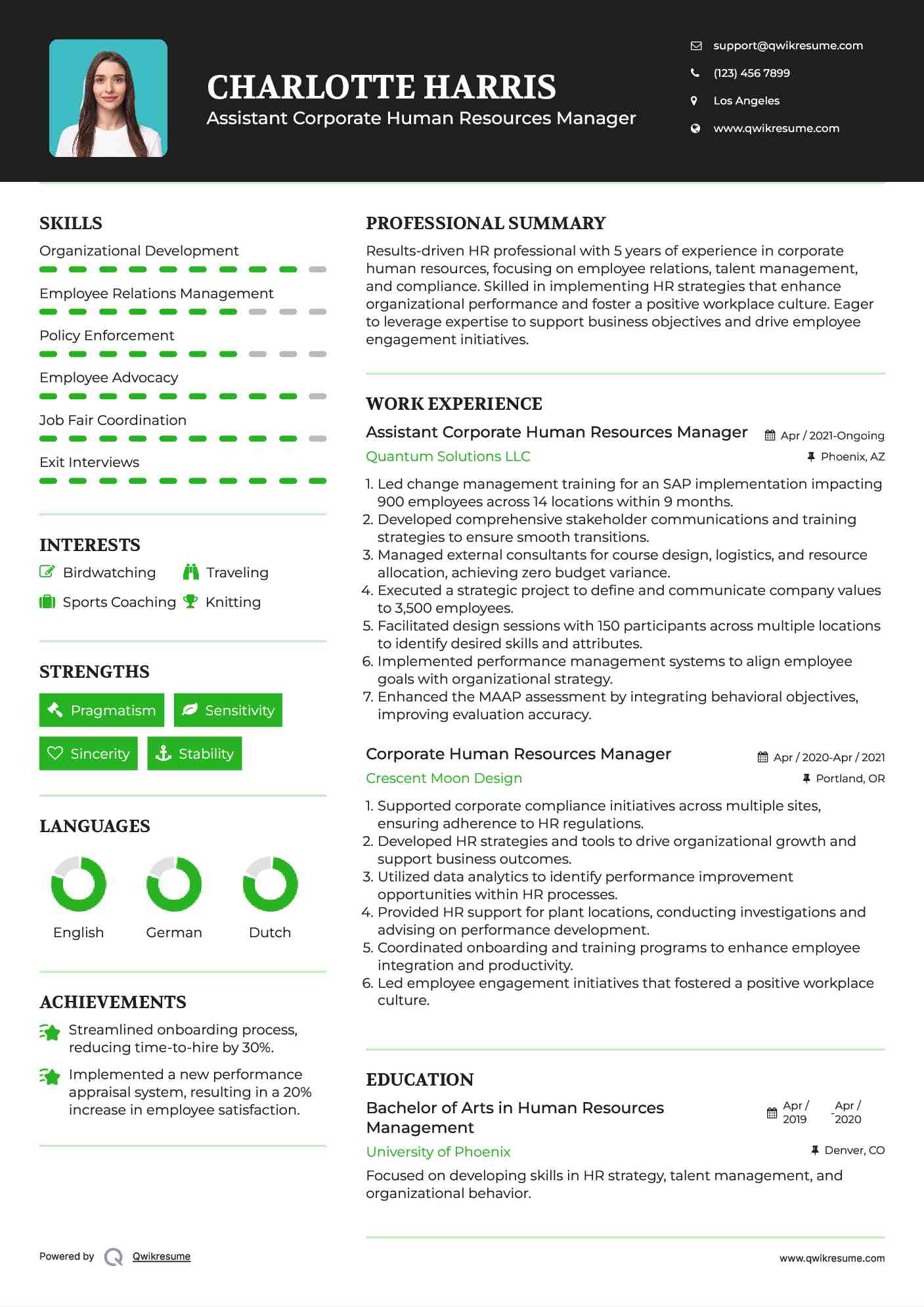 Assistant Corporate Human Resources Manager Resume Sample