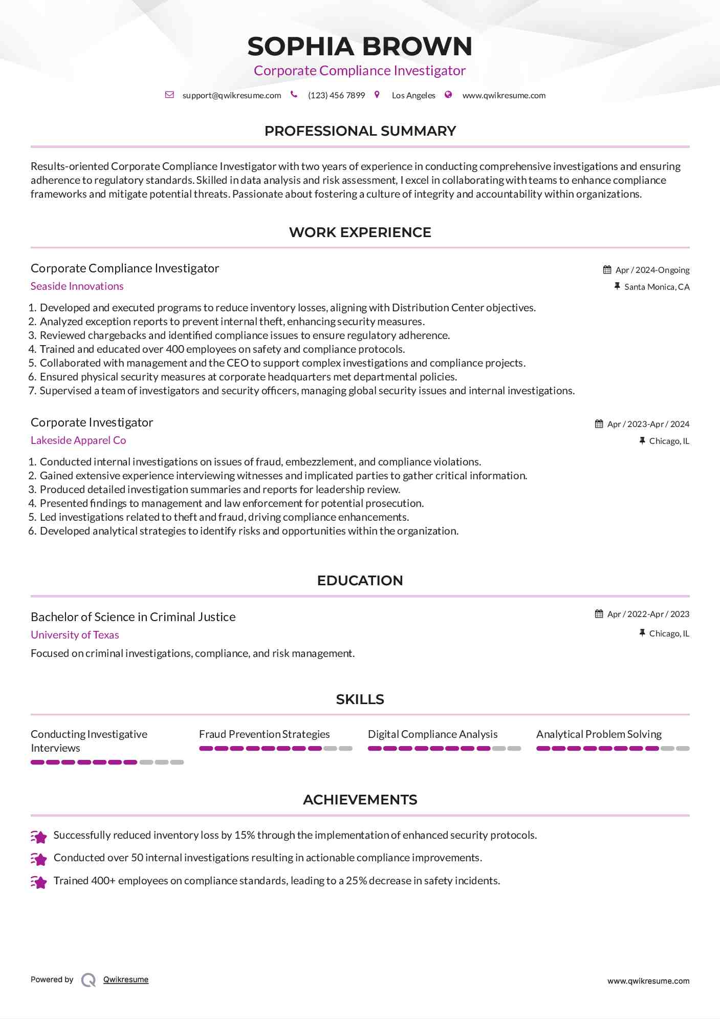 Corporate Compliance Investigator Resume Model
