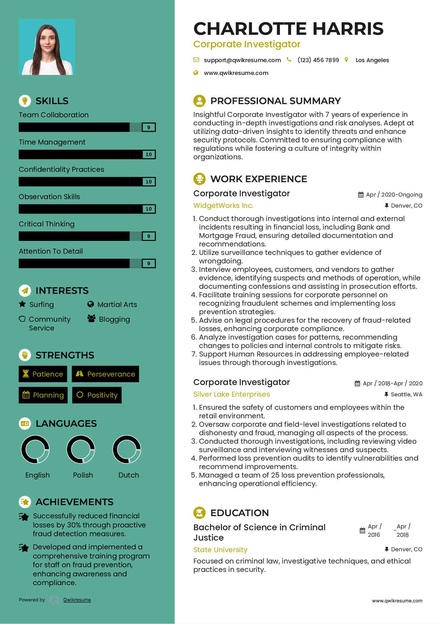 Corporate Investigator Resume Format