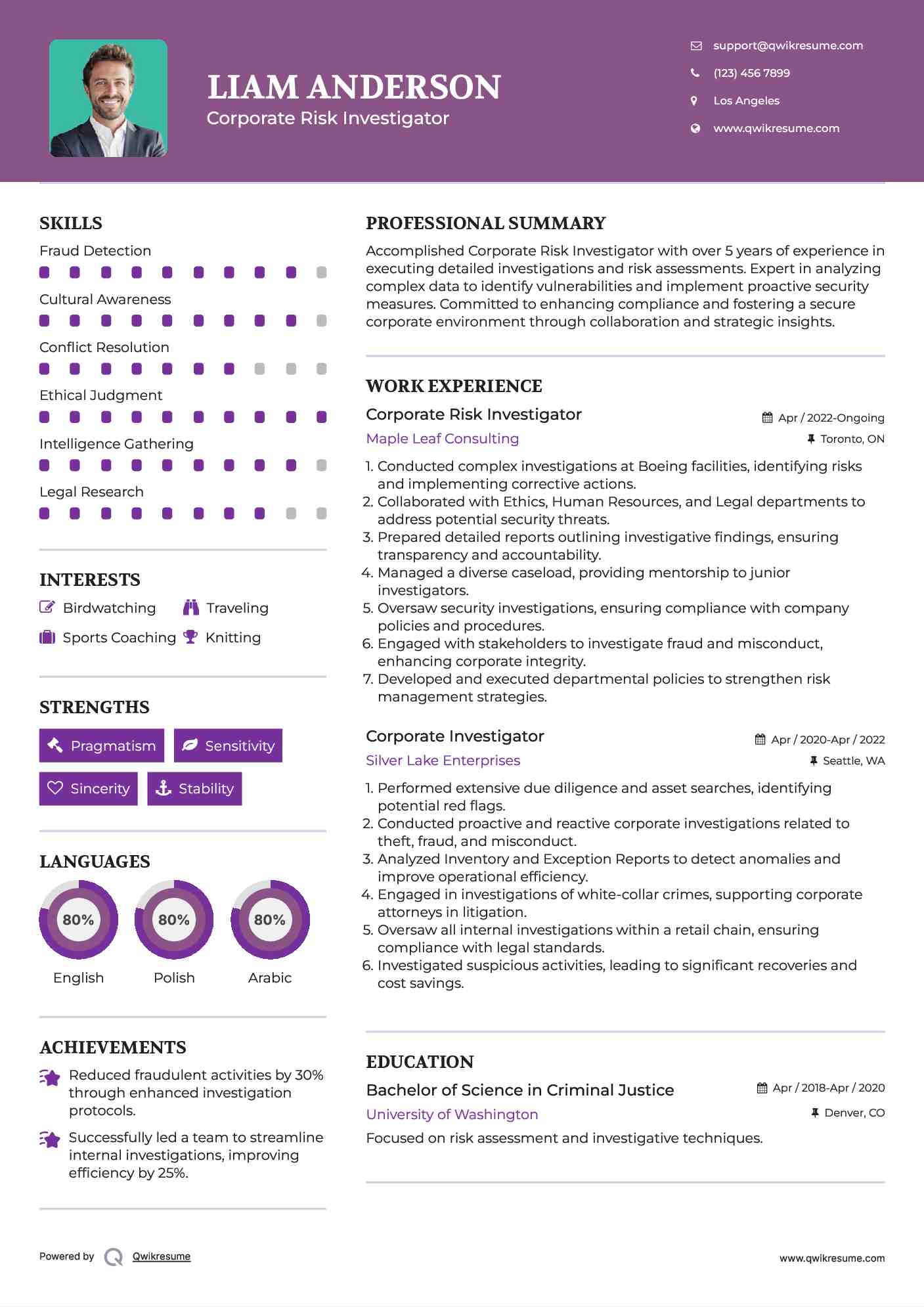 Corporate Risk Investigator Resume Format