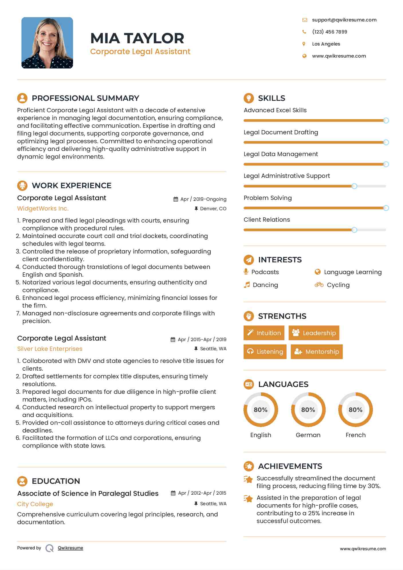 Corporate Legal Assistant Resume Format