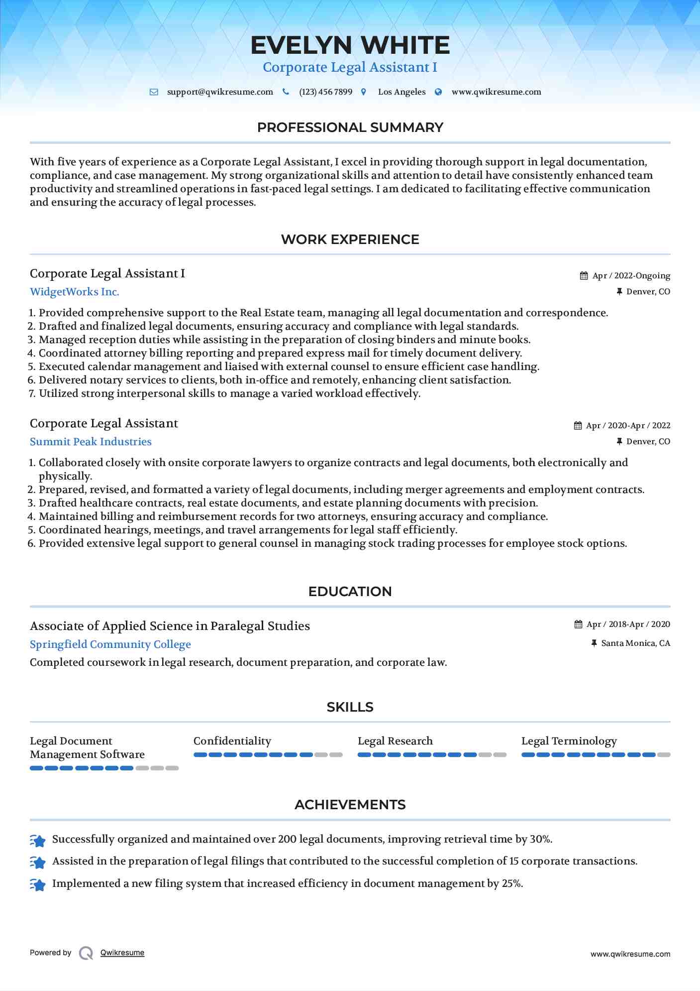 Corporate Legal Assistant I Resume Template