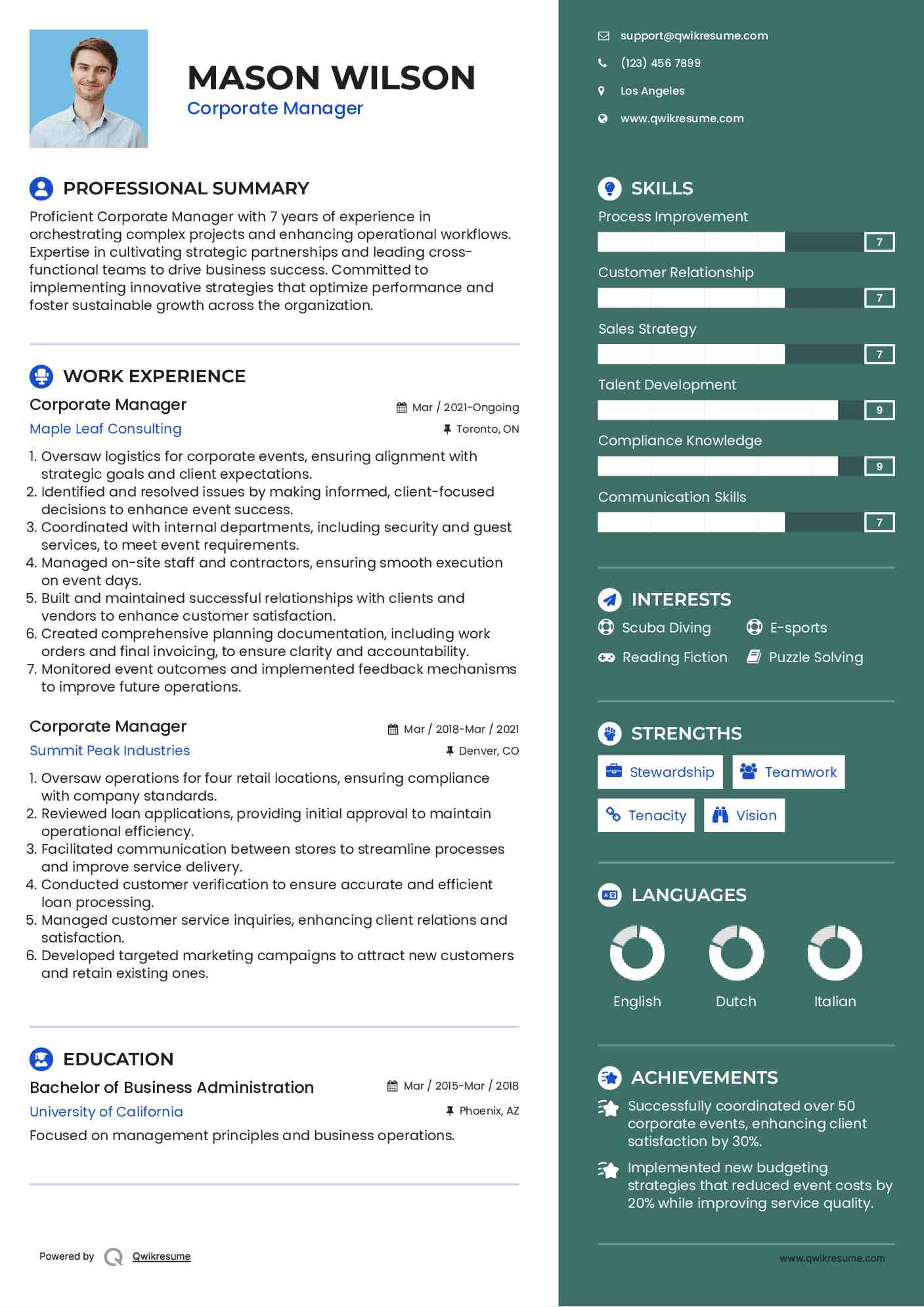 Corporate Manager Resume Example
