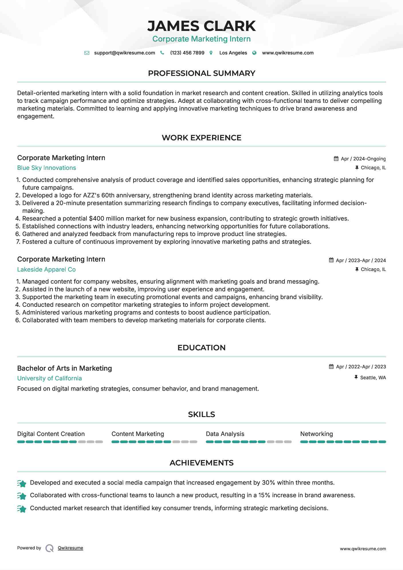 Corporate Marketing Intern Resume Format