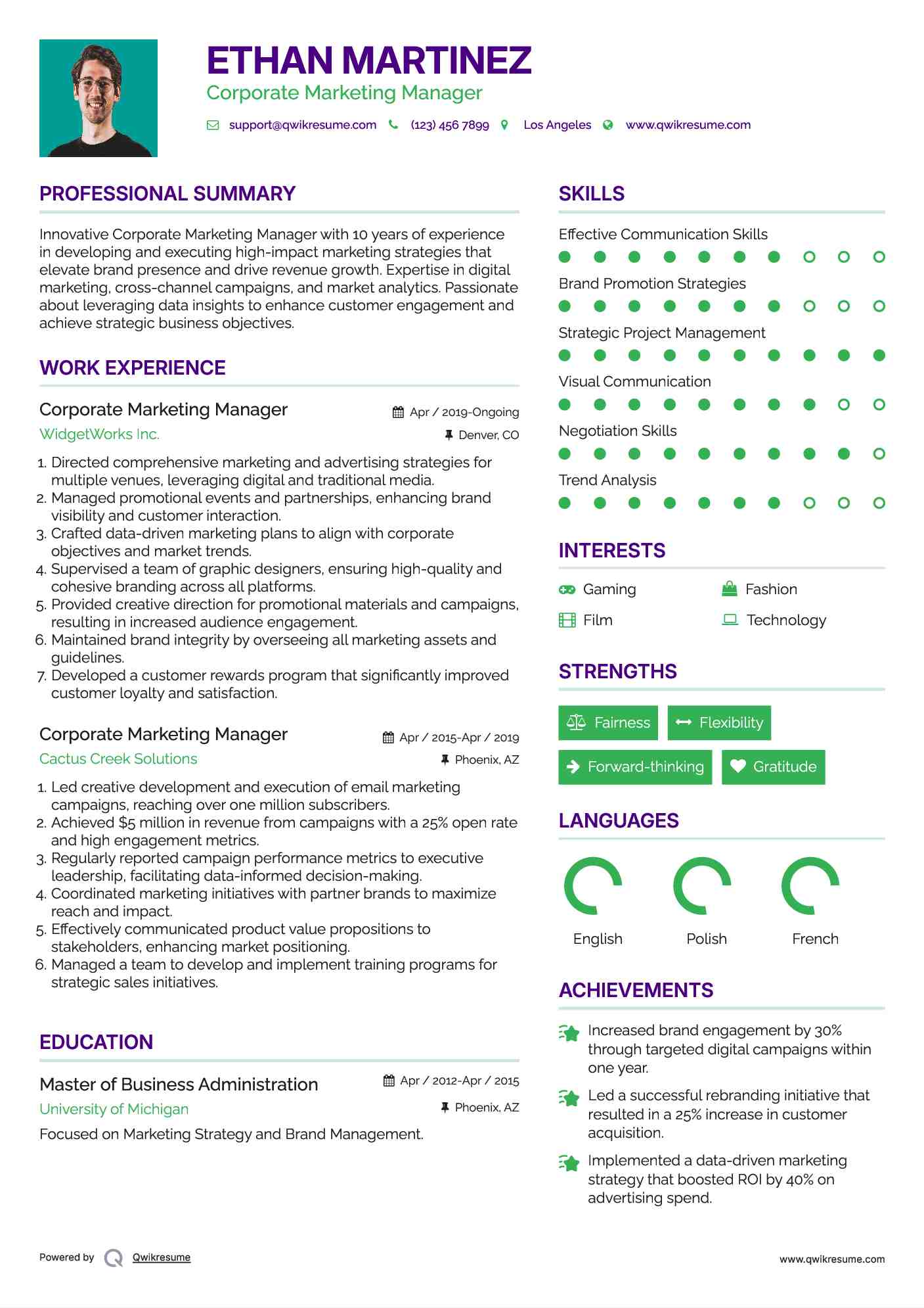 Corporate Marketing Manager Resume Sample