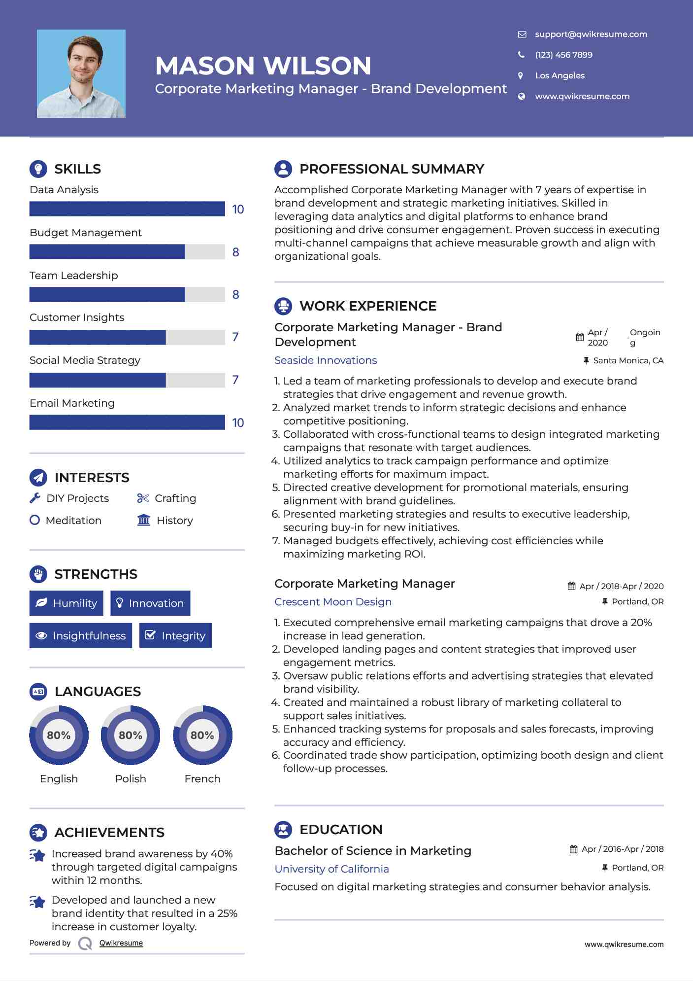 Corporate Marketing Manager - Brand Development Resume Model