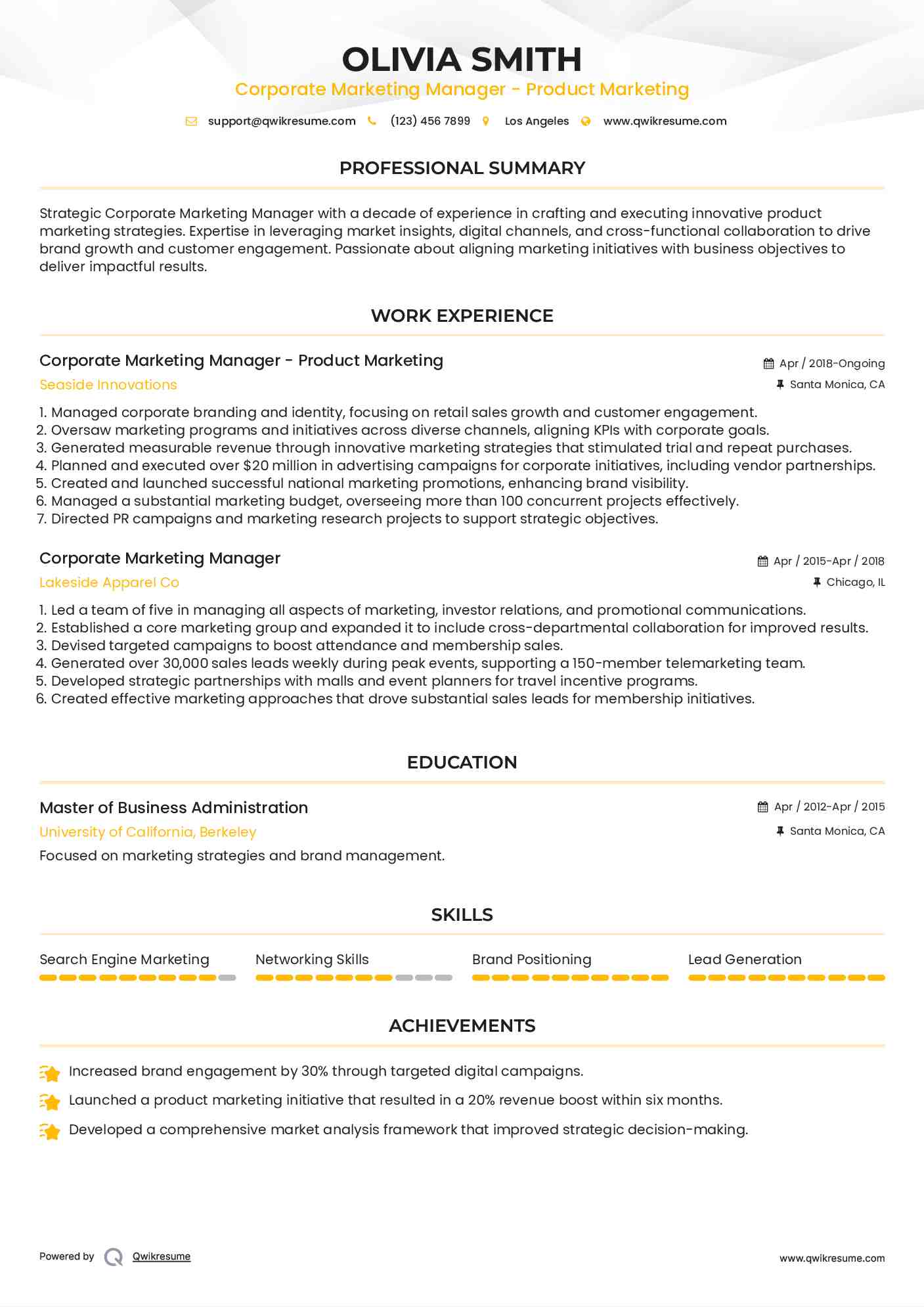 Corporate Marketing Manager - Product Marketing Resume Model
