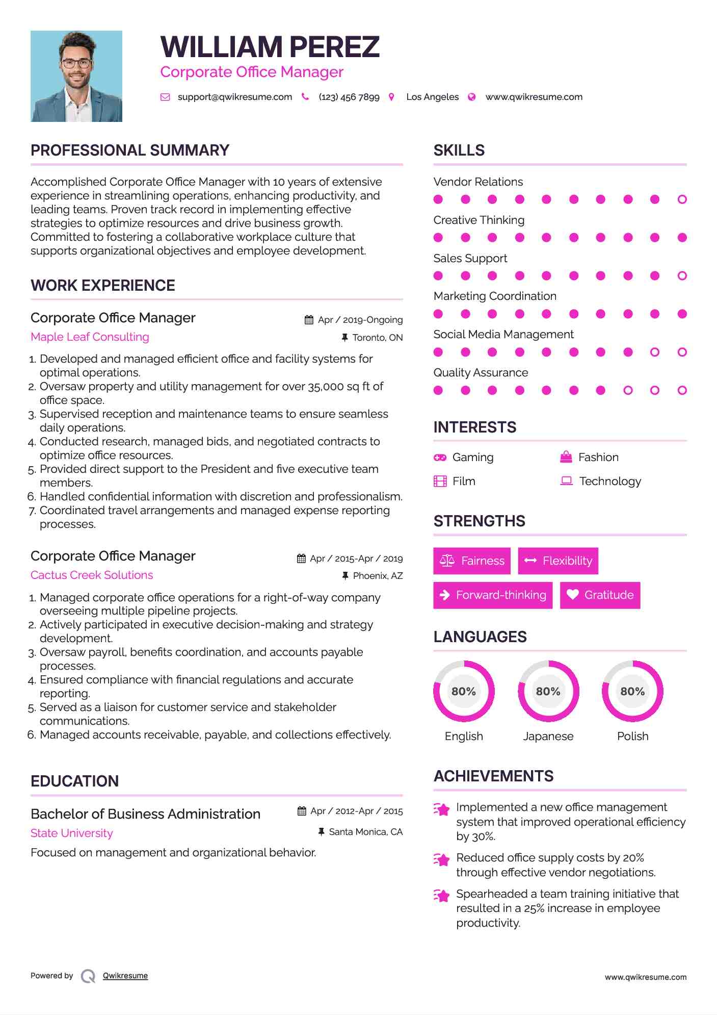 Corporate Office Manager Resume Example