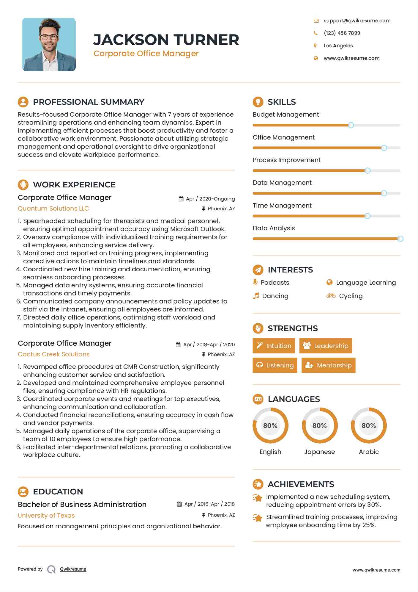 Corporate Office Manager Resume Example