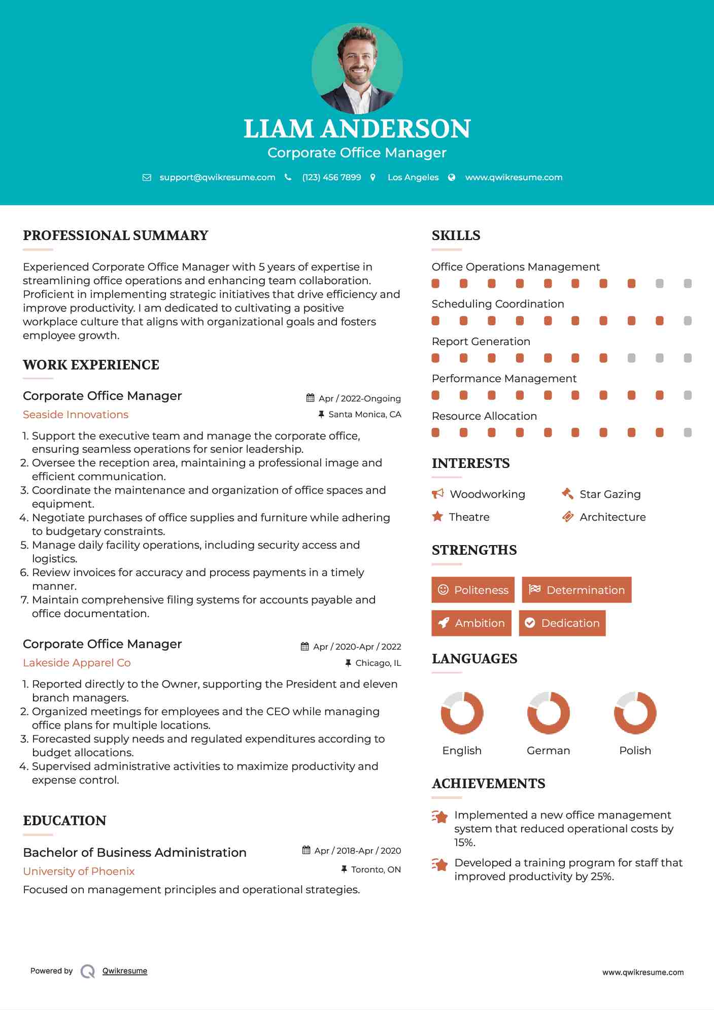 Corporate Office Manager Resume Sample