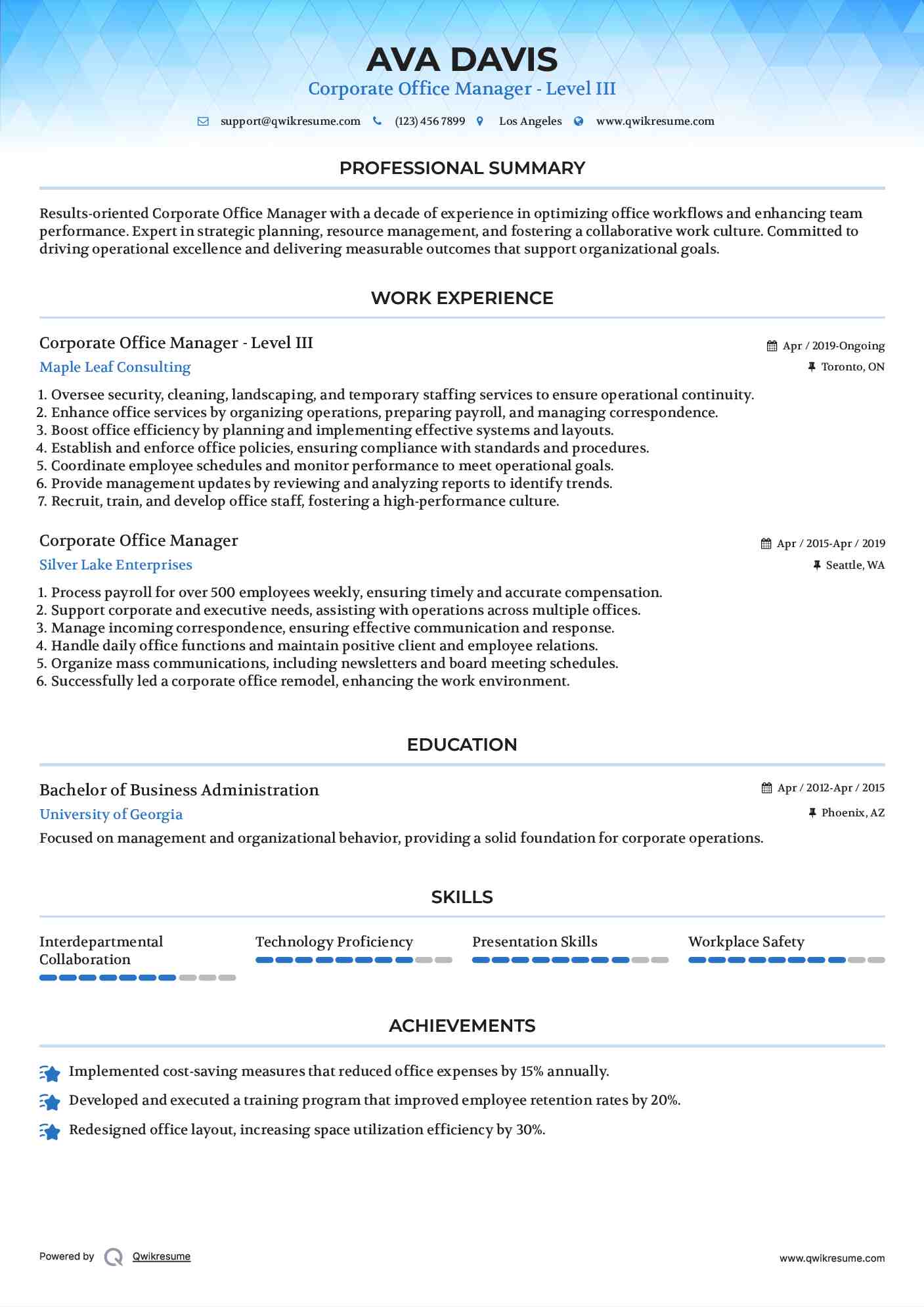 Corporate Office Manager - Level III Resume Template