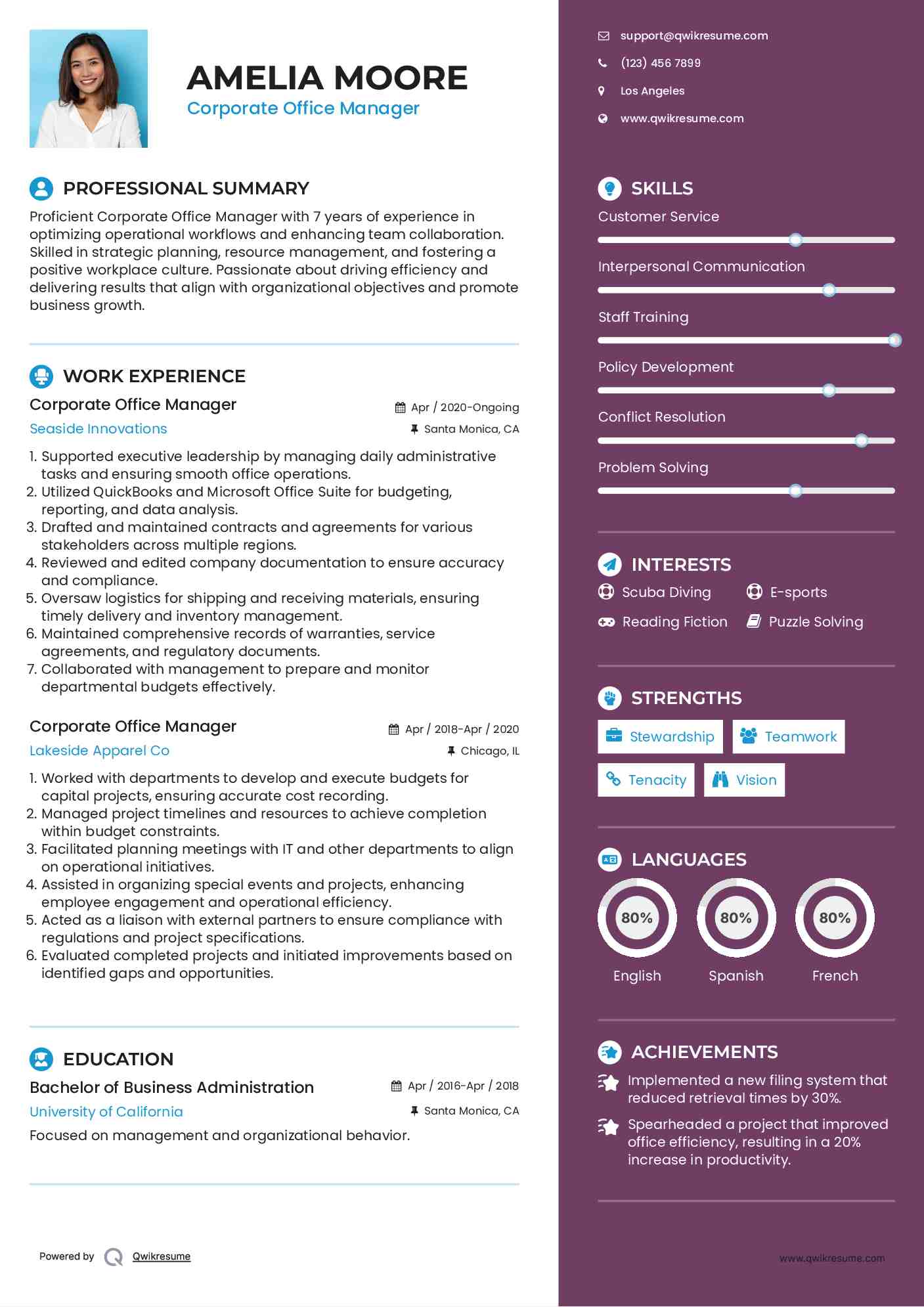 Corporate Office Manager Resume Model