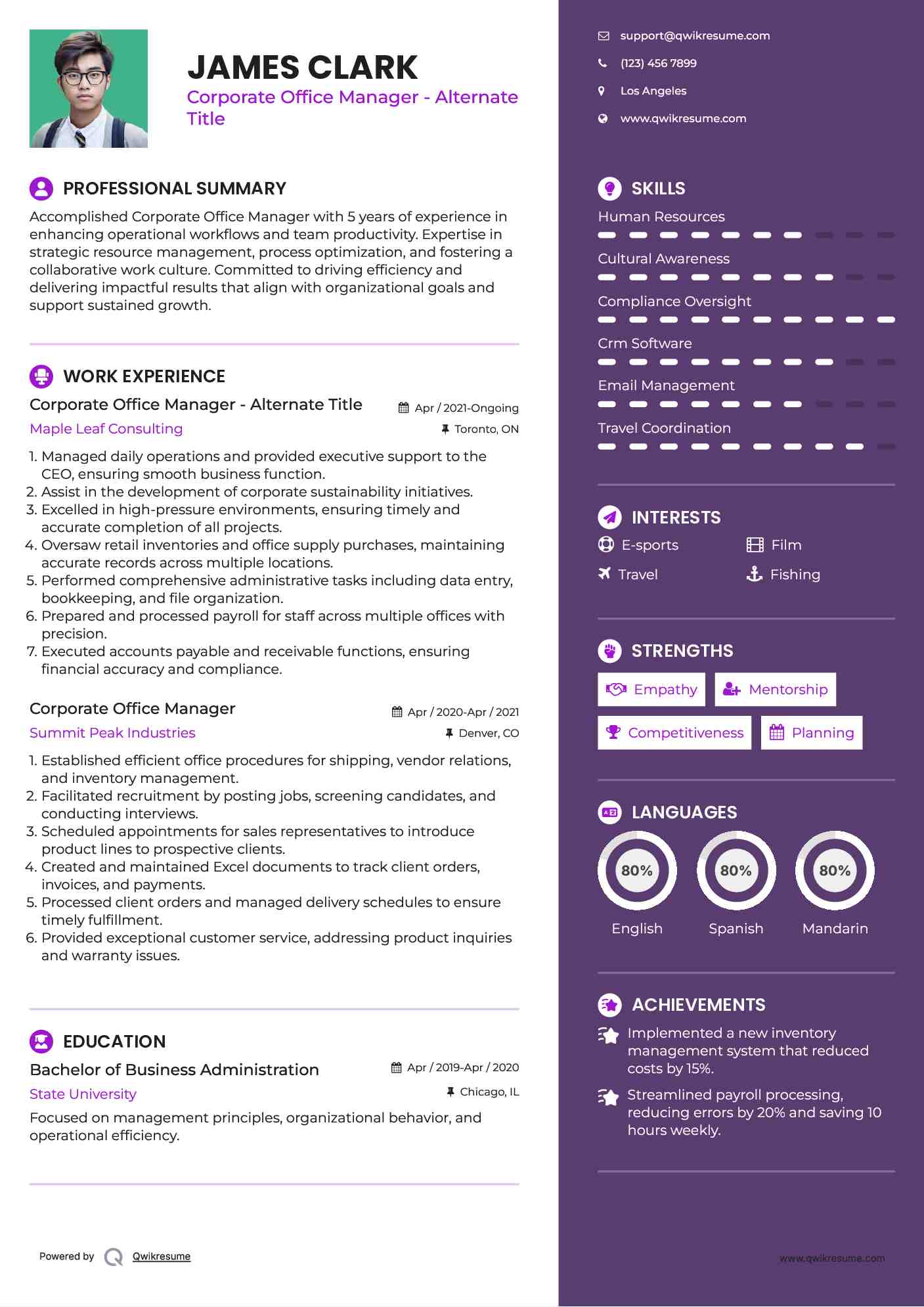 Corporate Office Manager - Alternate Title Resume Sample