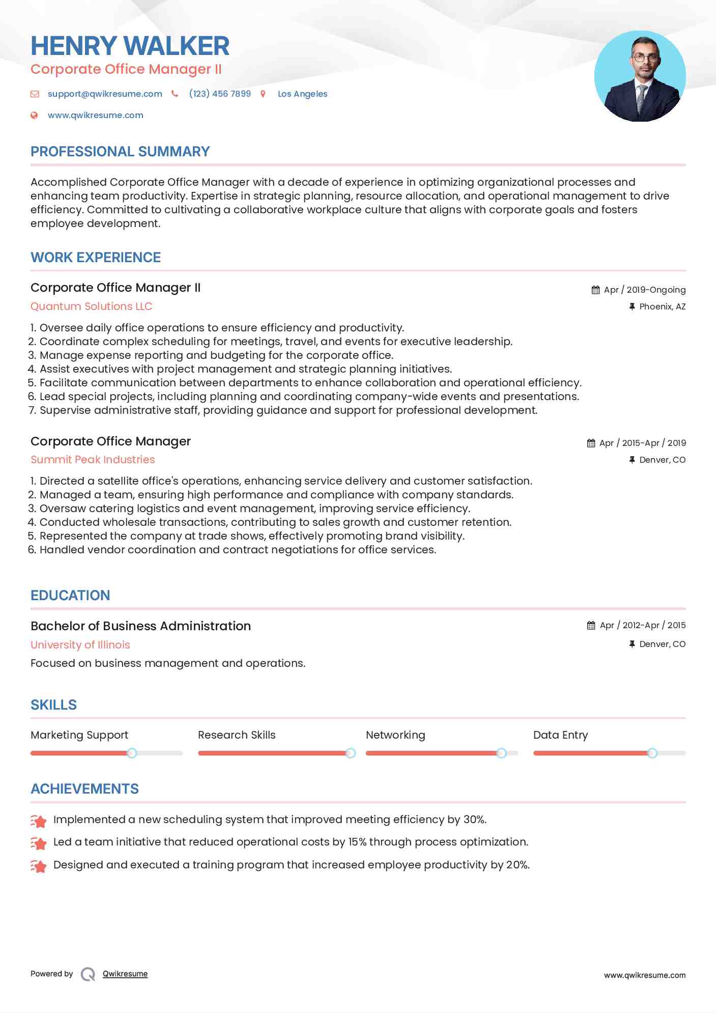Corporate Office Manager II Resume Example