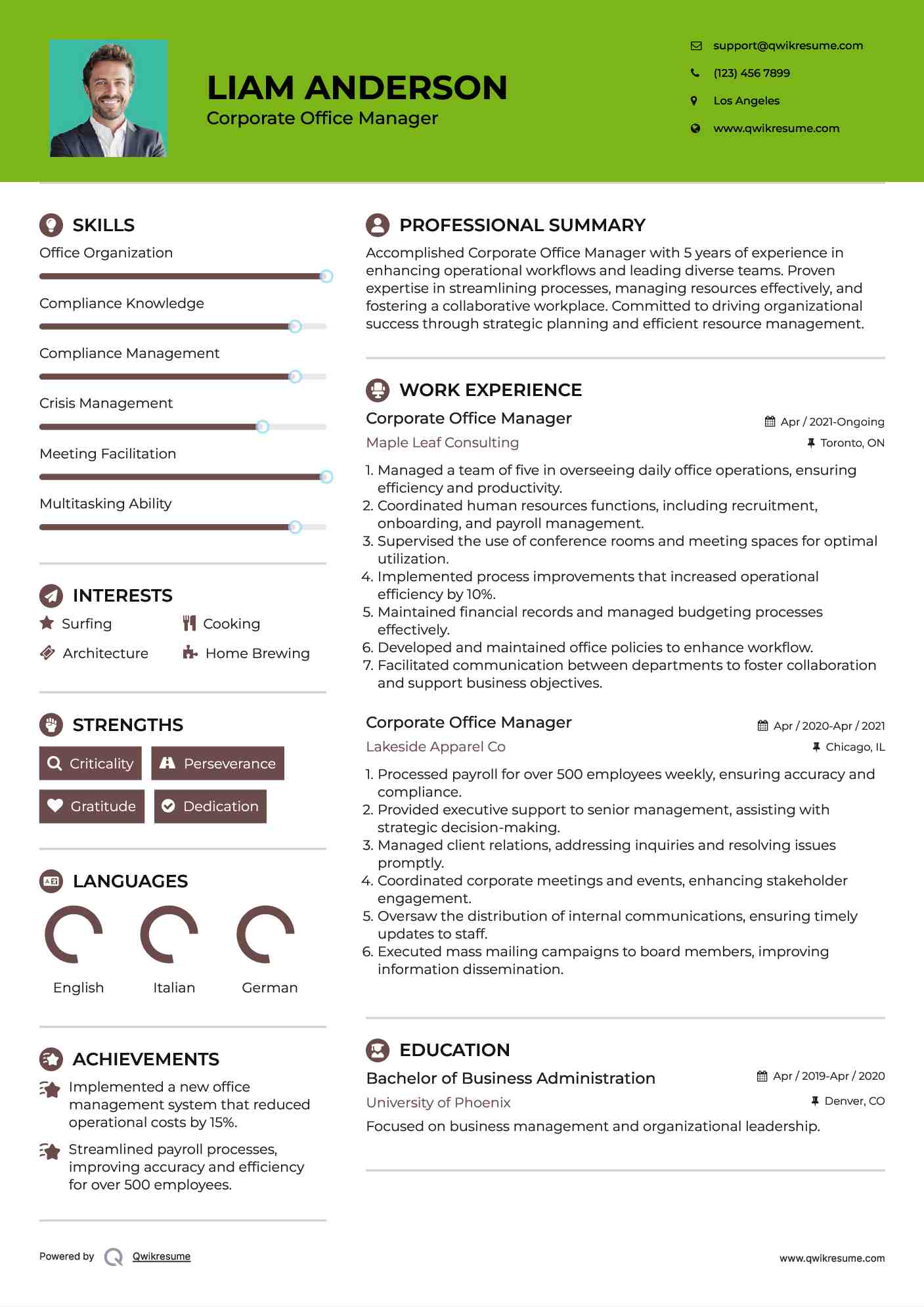 Corporate Office Manager Resume Format