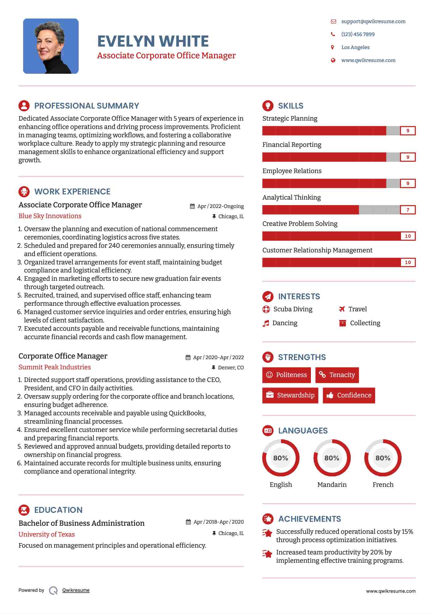 Associate Corporate Office Manager  Resume Example