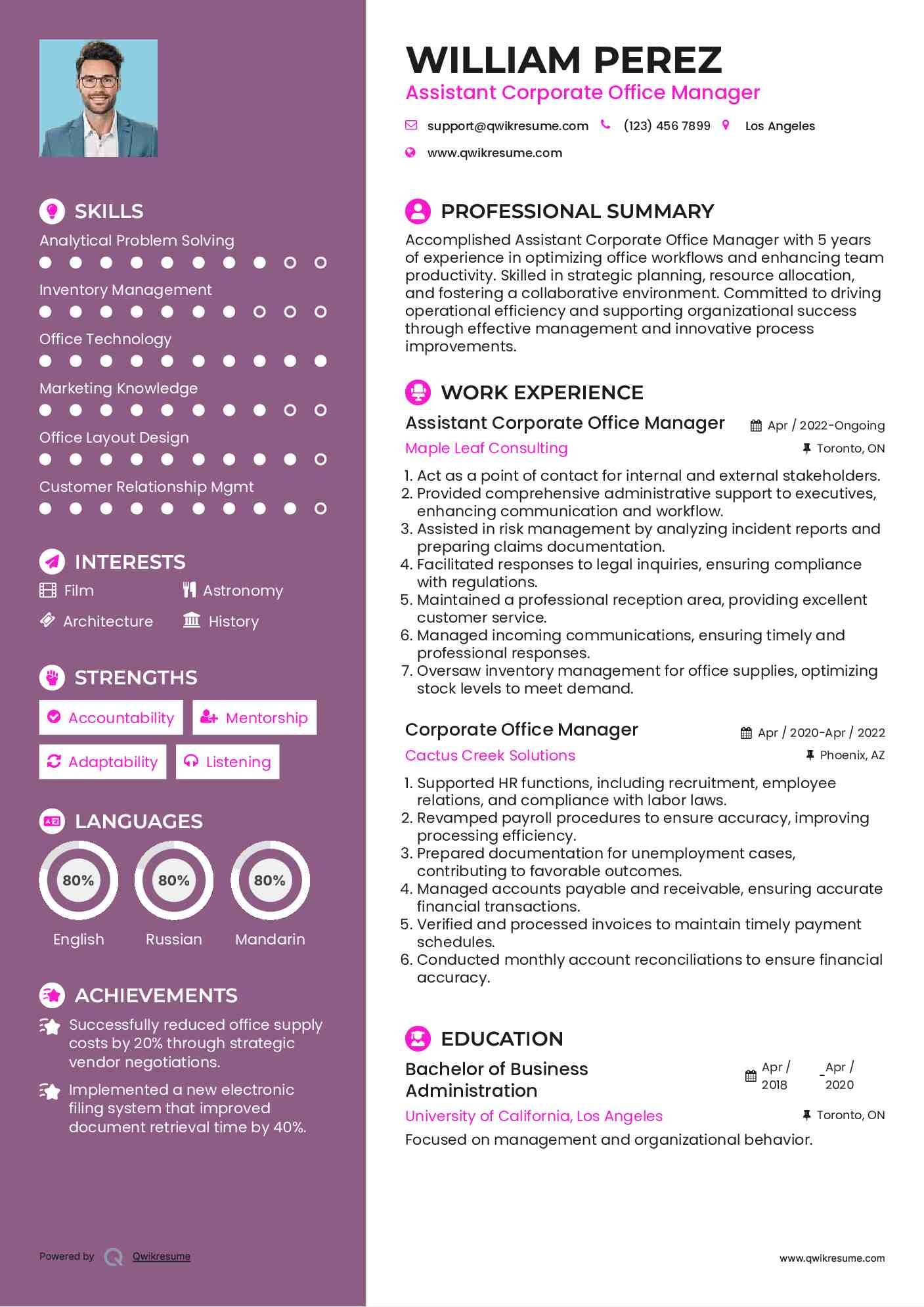 Assistant Corporate Office Manager Resume Sample