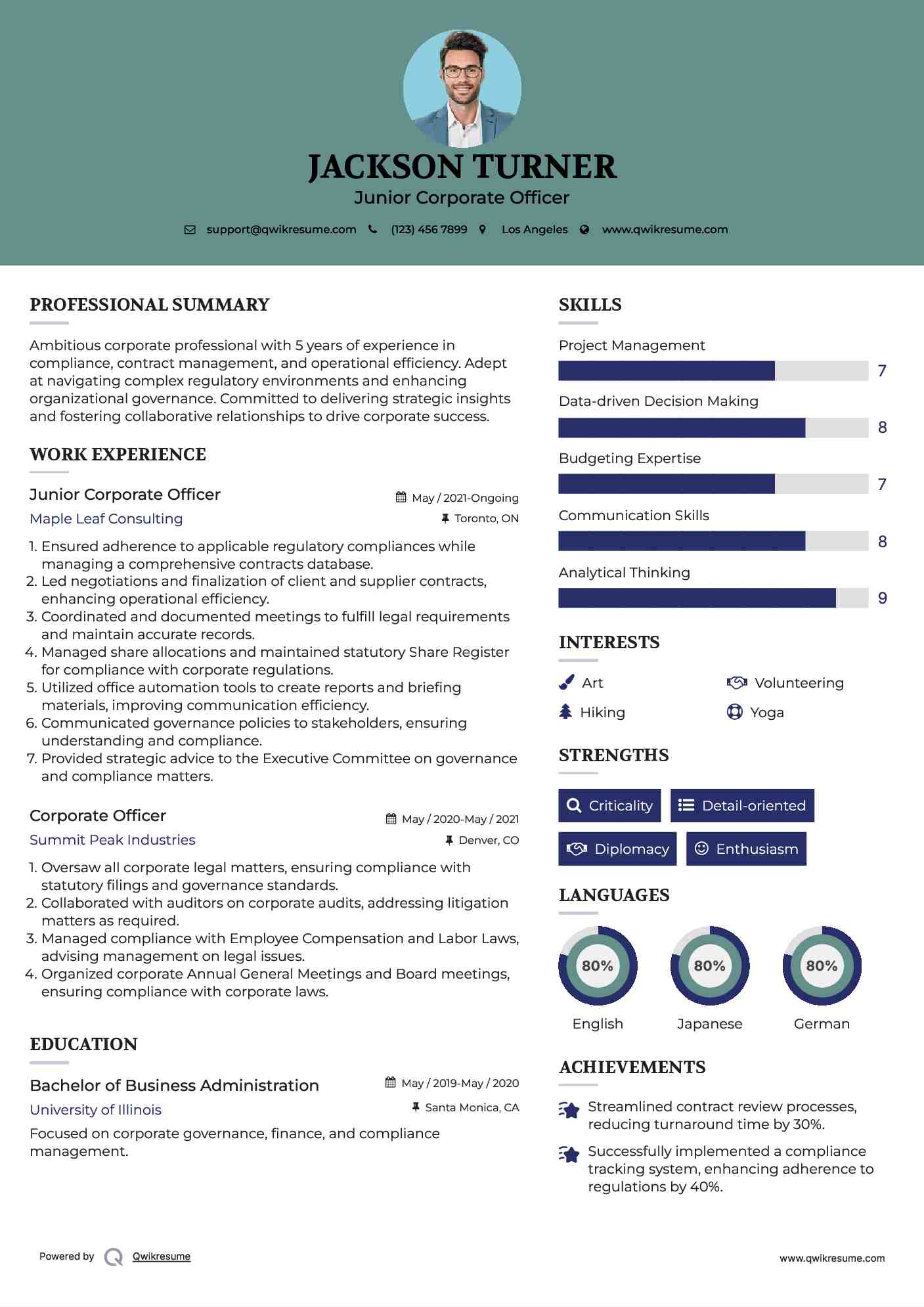 Junior Corporate Officer Resume Example