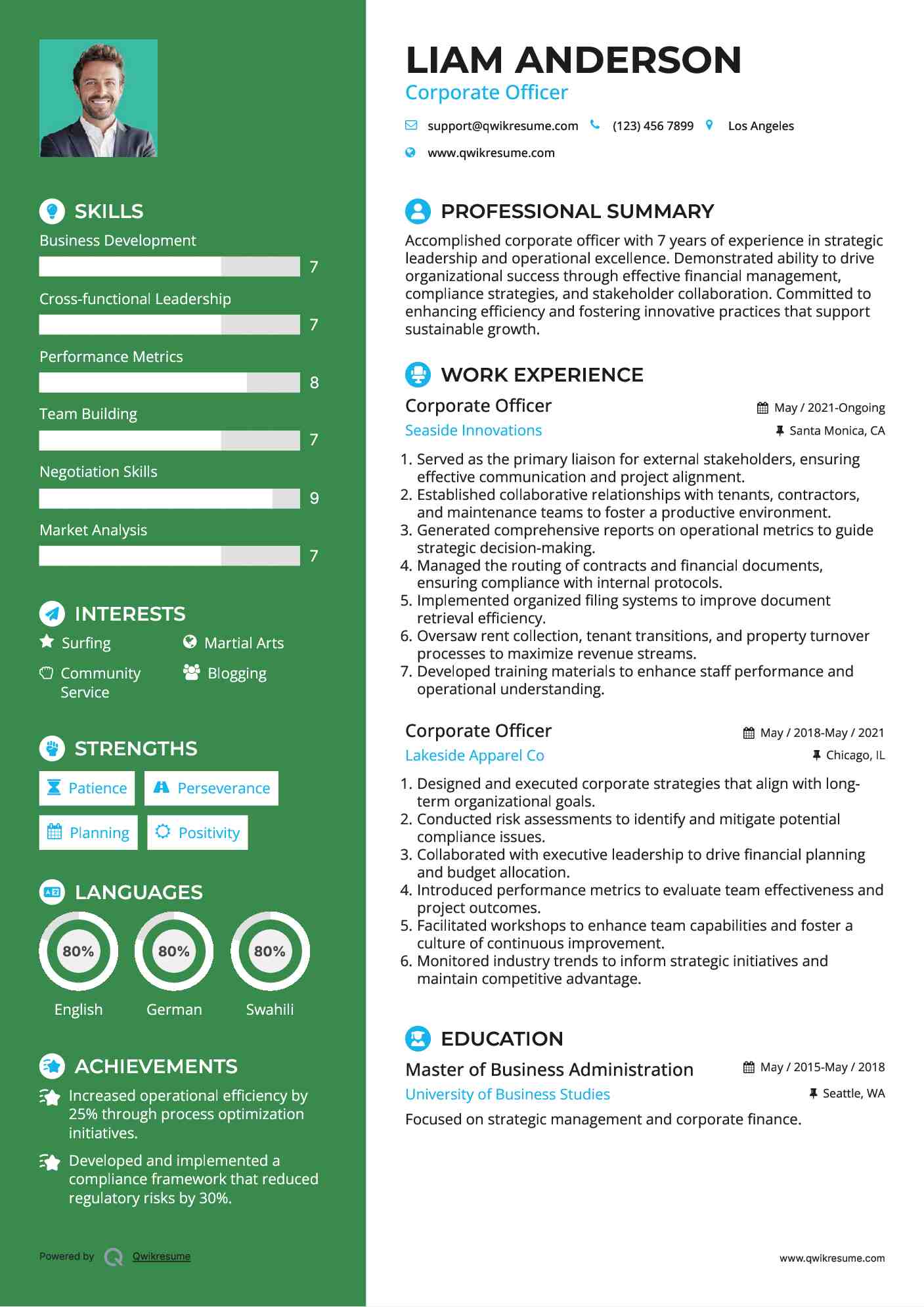 Corporate Officer Resume Sample