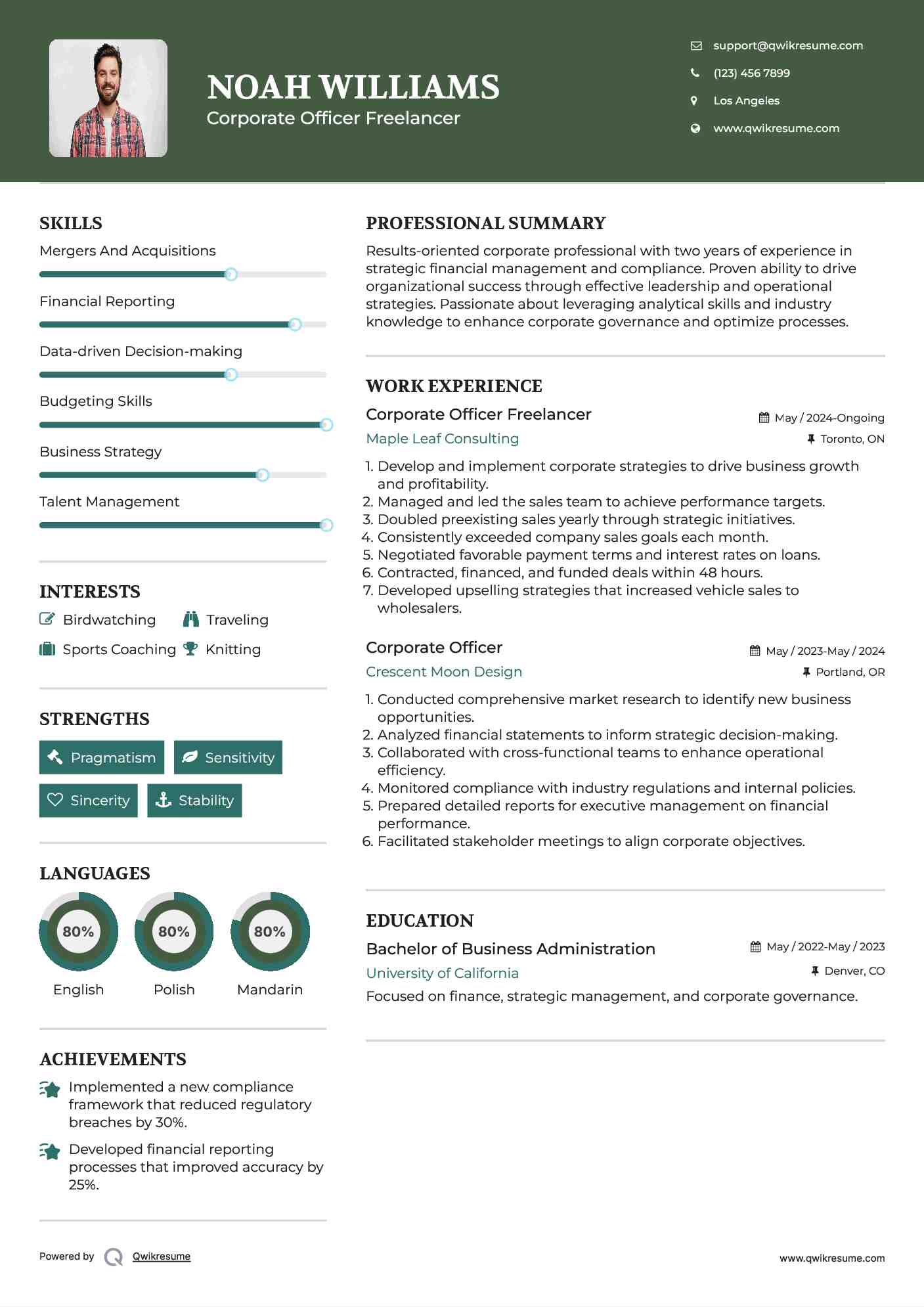 Corporate Officer Freelancer Resume Sample