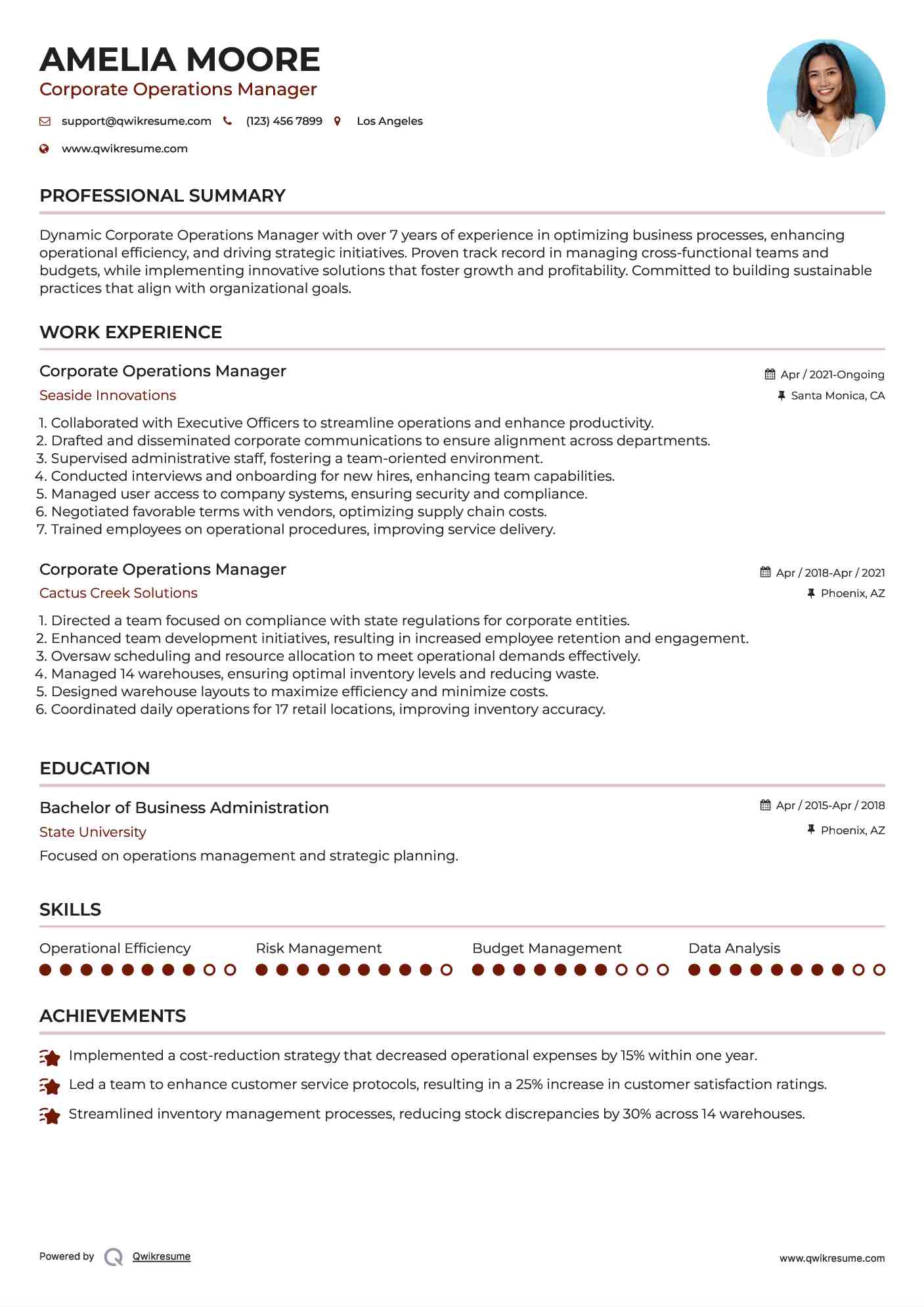 Corporate Operations Manager Resume Sample