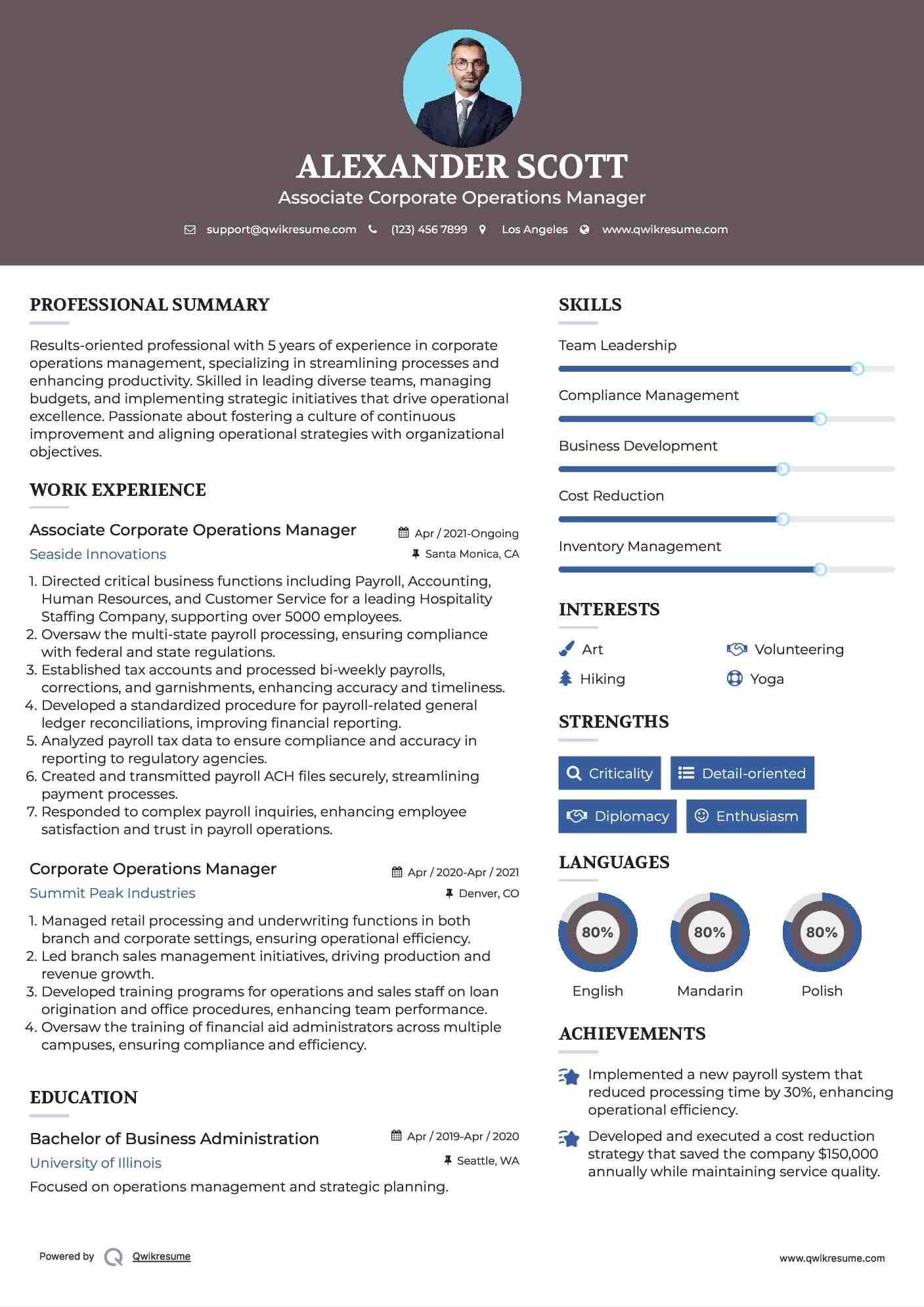 Associate Corporate Operations Manager Resume Template